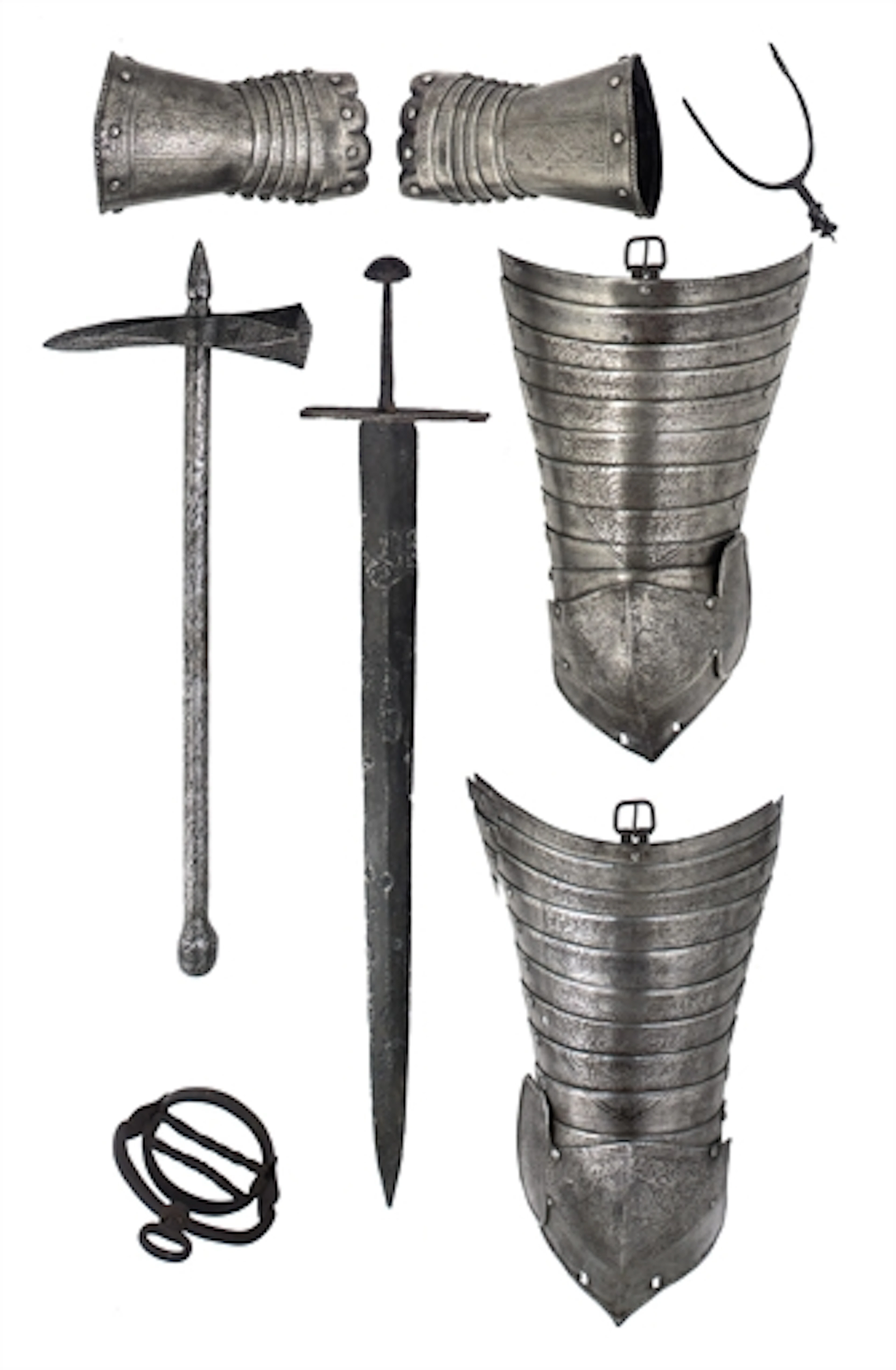 AN IRON STIRRUP AND AN IRON ROWEL-SPUR; A PAIR OF ETCHED CUISSES AND POLYNS AND A PAIR OF ETCHED GAUNTLETS ALL IN EARLY 17TH CENTURY STYLE; A SWORD