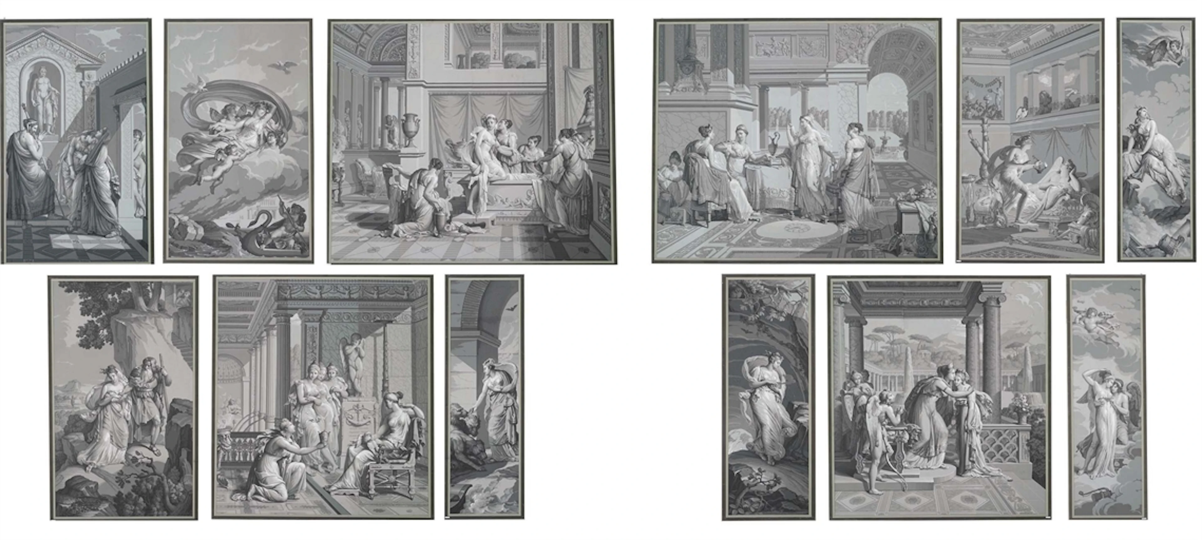 A SET OF TWELVE FRENCH GRISAILLE WALLPAPER PANELS