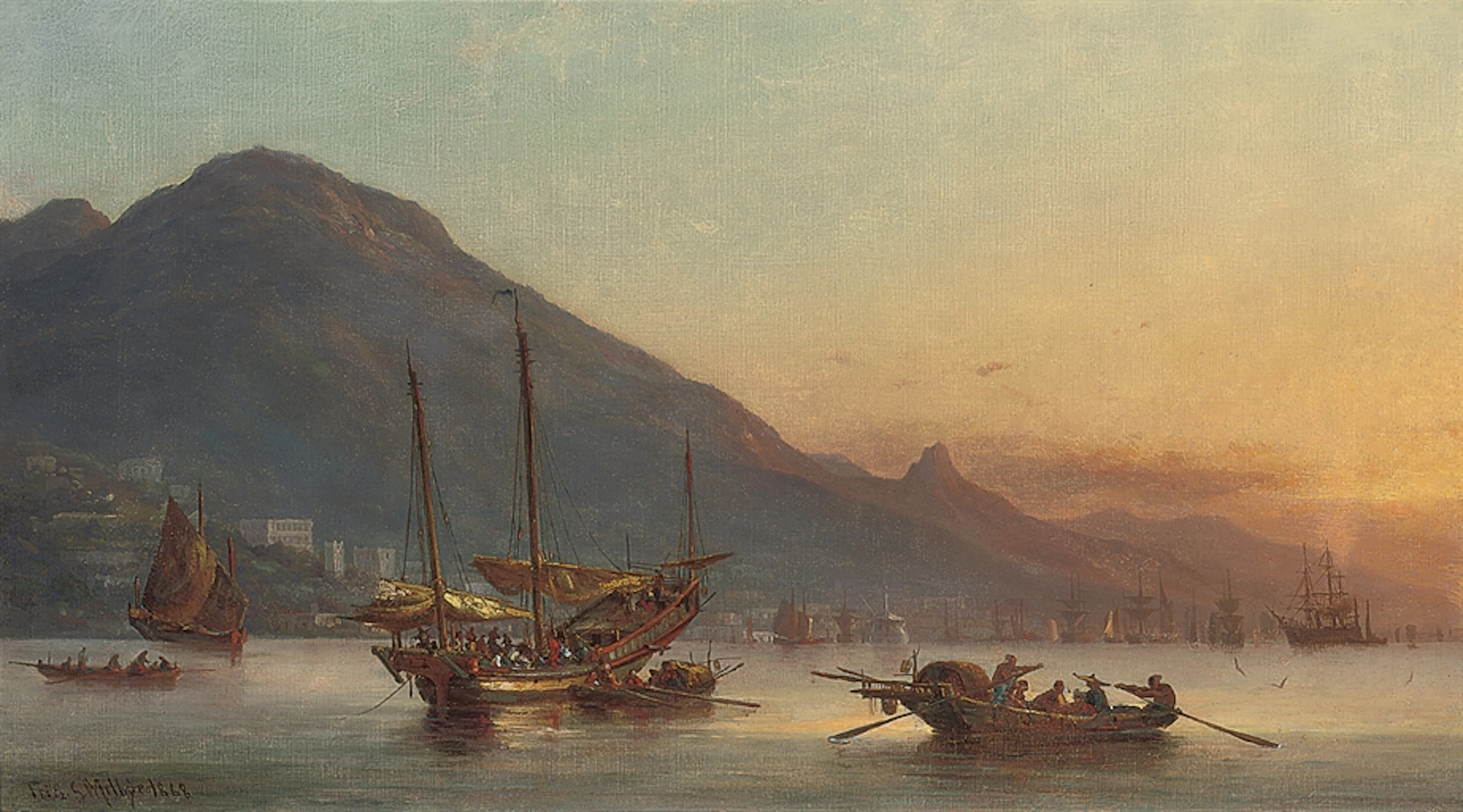 Junks, sampans and western shipping lying off Hong Kong at dusk
