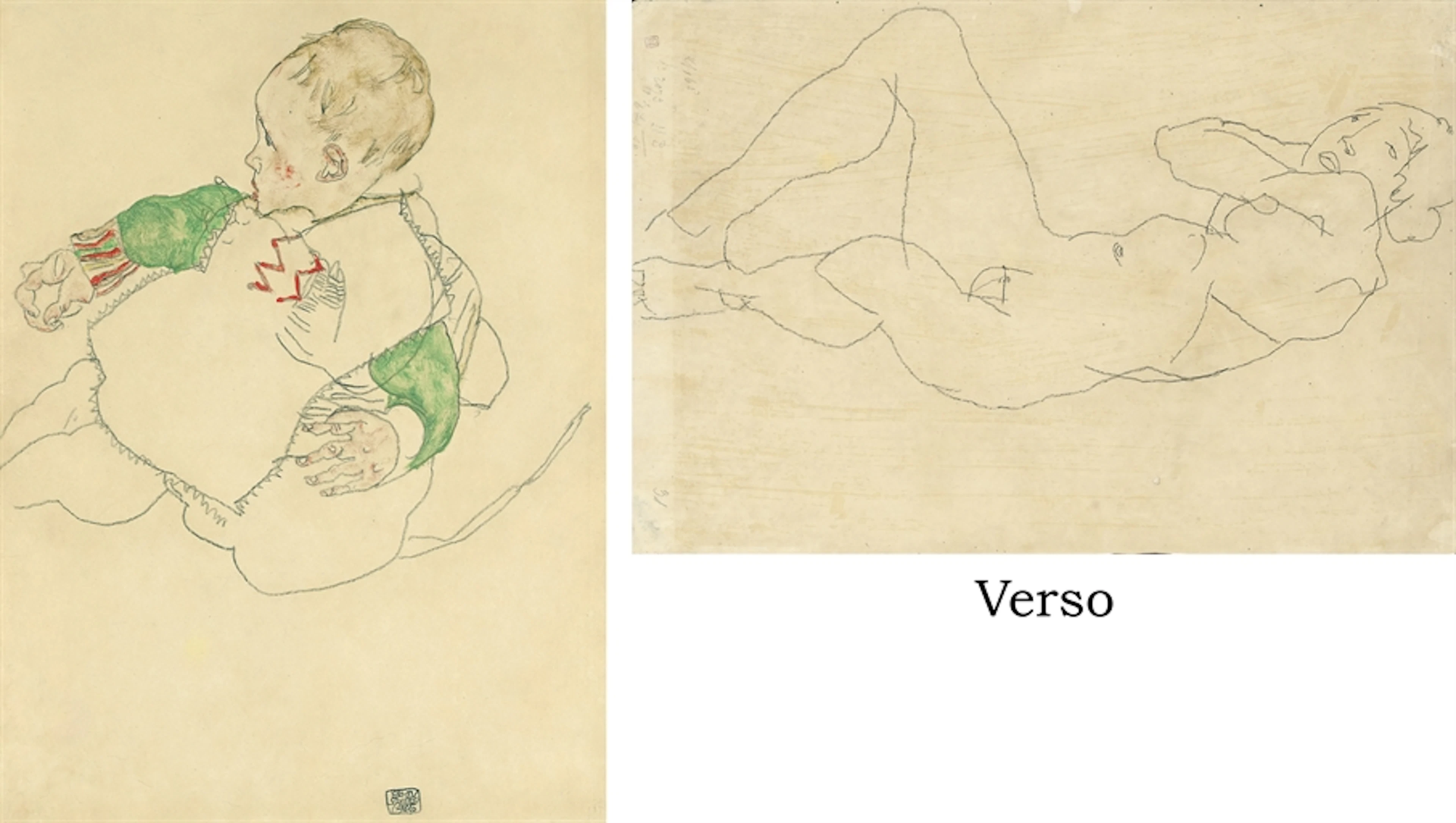 Kind mit grünen Ärmel (Anton Peschka, Jr.) (recto); Frauenakt mit Händen hinter Kopf (verso)