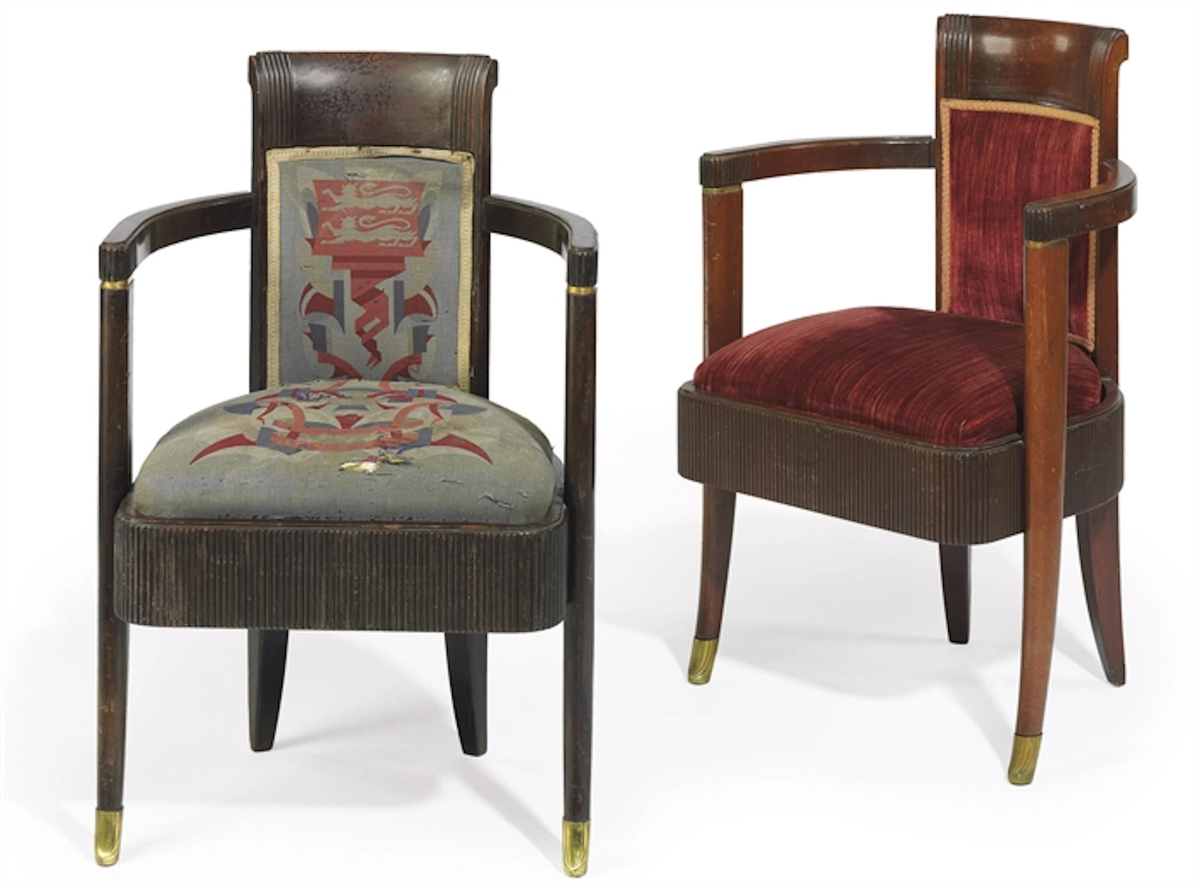 A PAIR OF UPHOLSTERED MAHOGANY AND GILT-BRONZE ARMCHAIRS FROM THE FIRST-CLASS DINING ROOM OF THE S.S. NORMANDIE, CIRCA 1935
