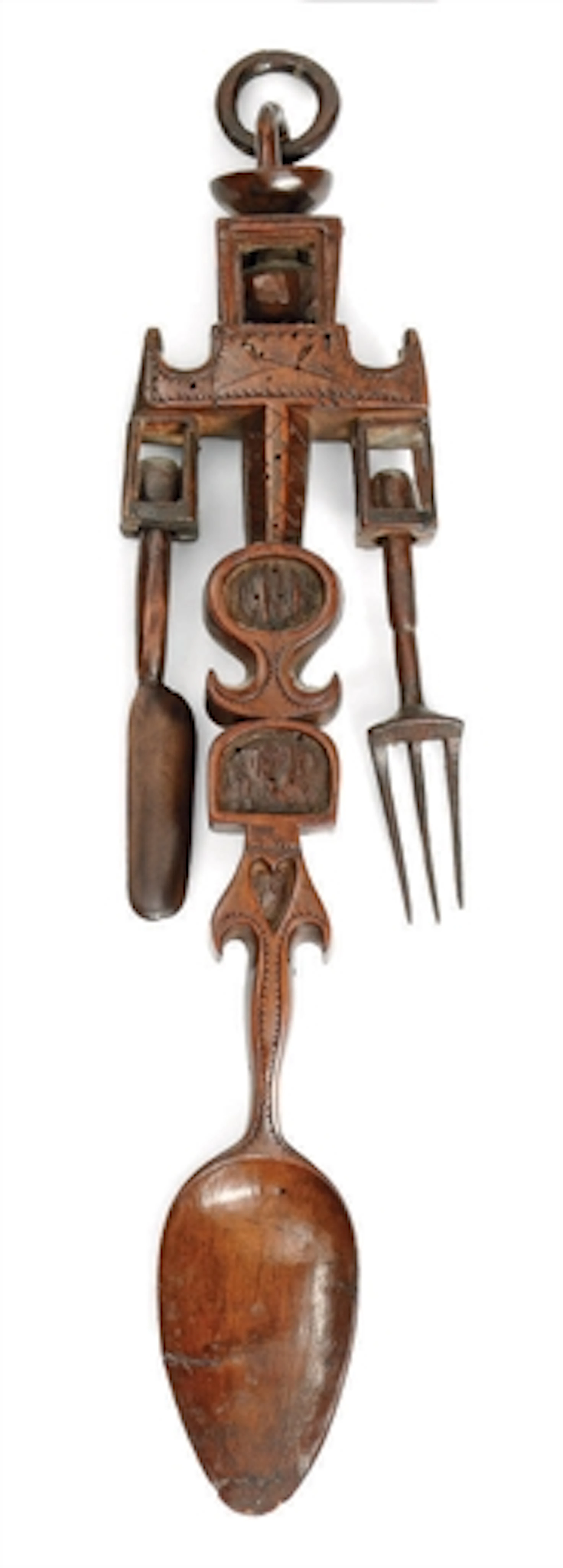 A WELSH TREEN LOVE SPOON WITH KNIFE AND FORK ATTACHED