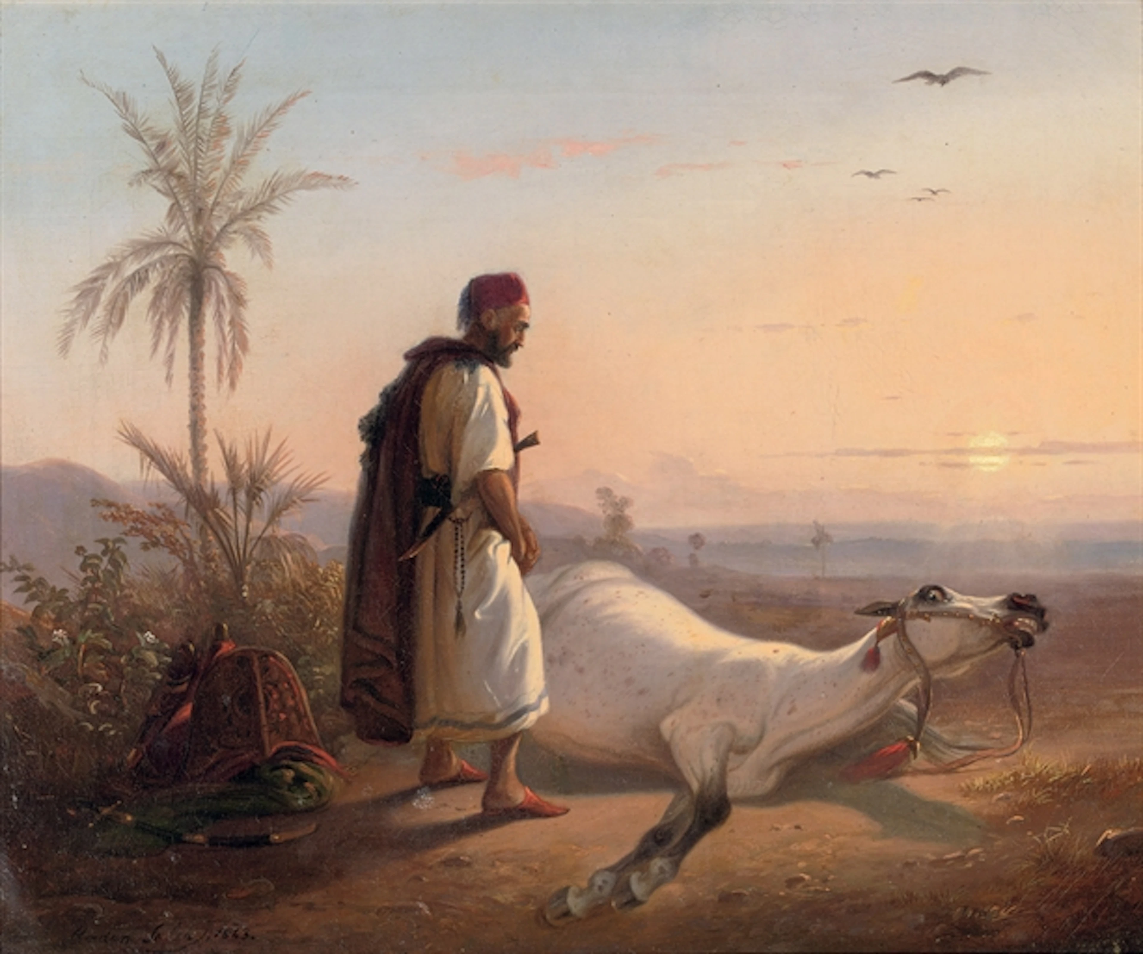An Arabic horseman and his horse in the desert