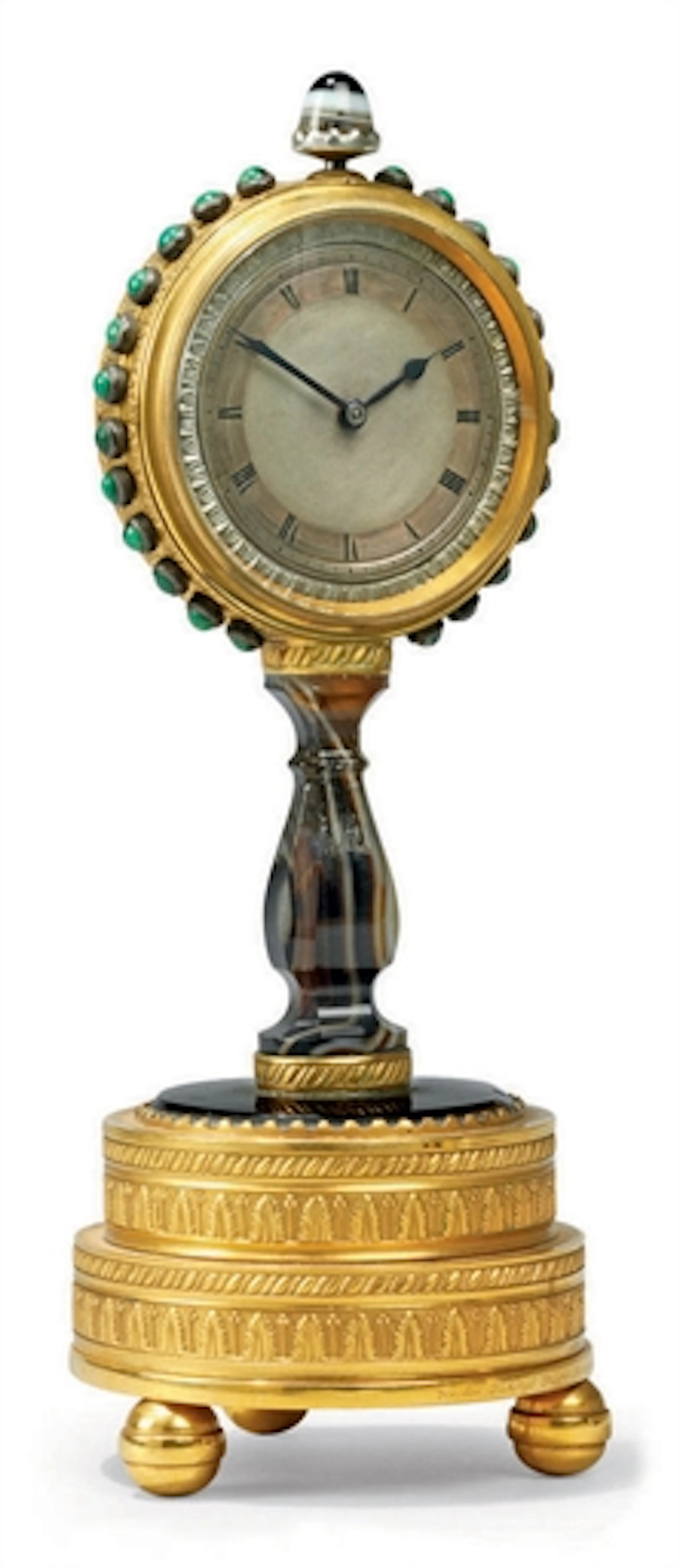A RUSSIAN COMPOSITE ORMOLU, AGATE AND MALACHITE TIMEPIECE DESK CLOCK