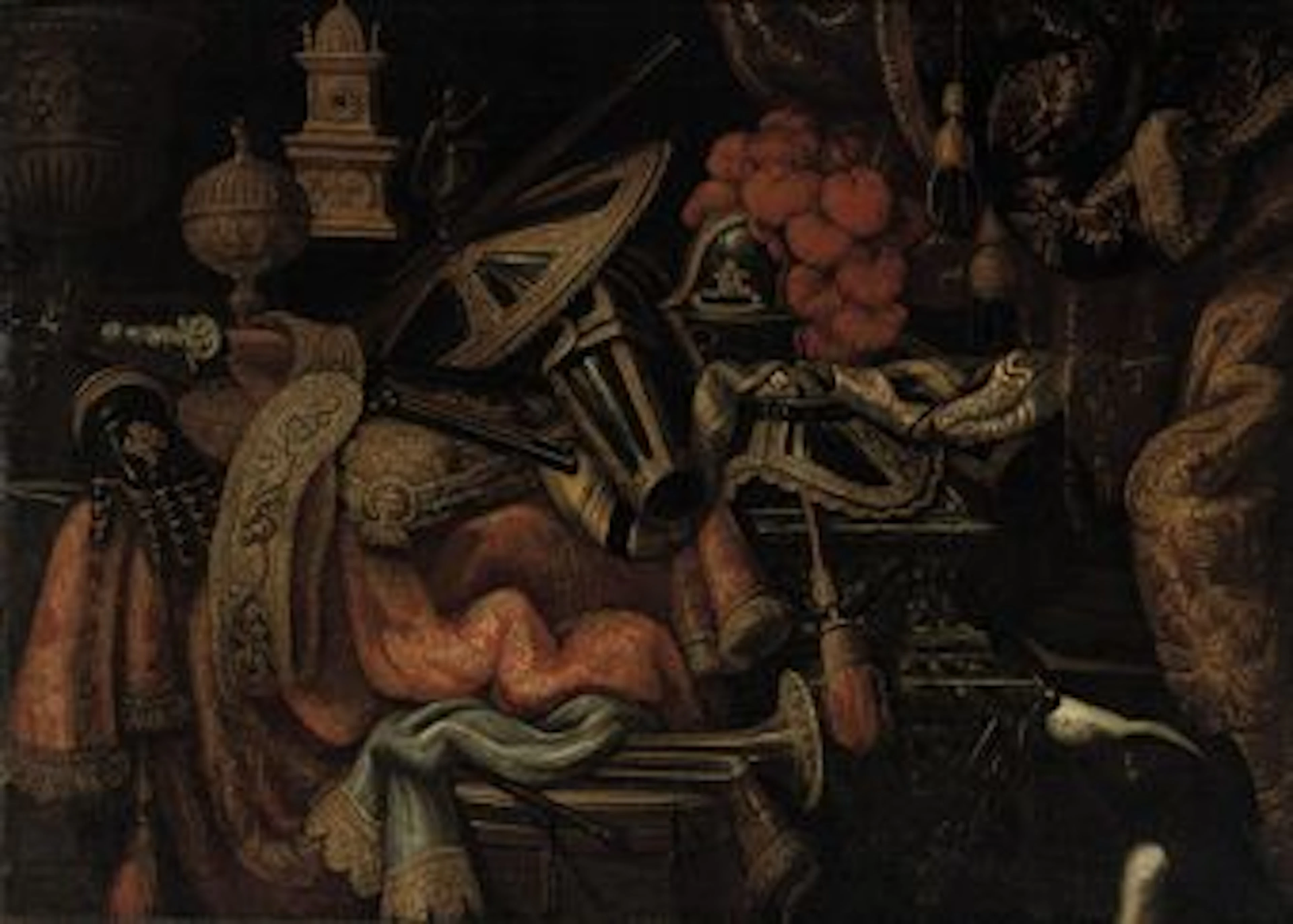 A plumed helmet, a tilting shield, a mace and other arms and armour on a partly-draped carved marble table, with a snare drum and a trumpet, a clock,