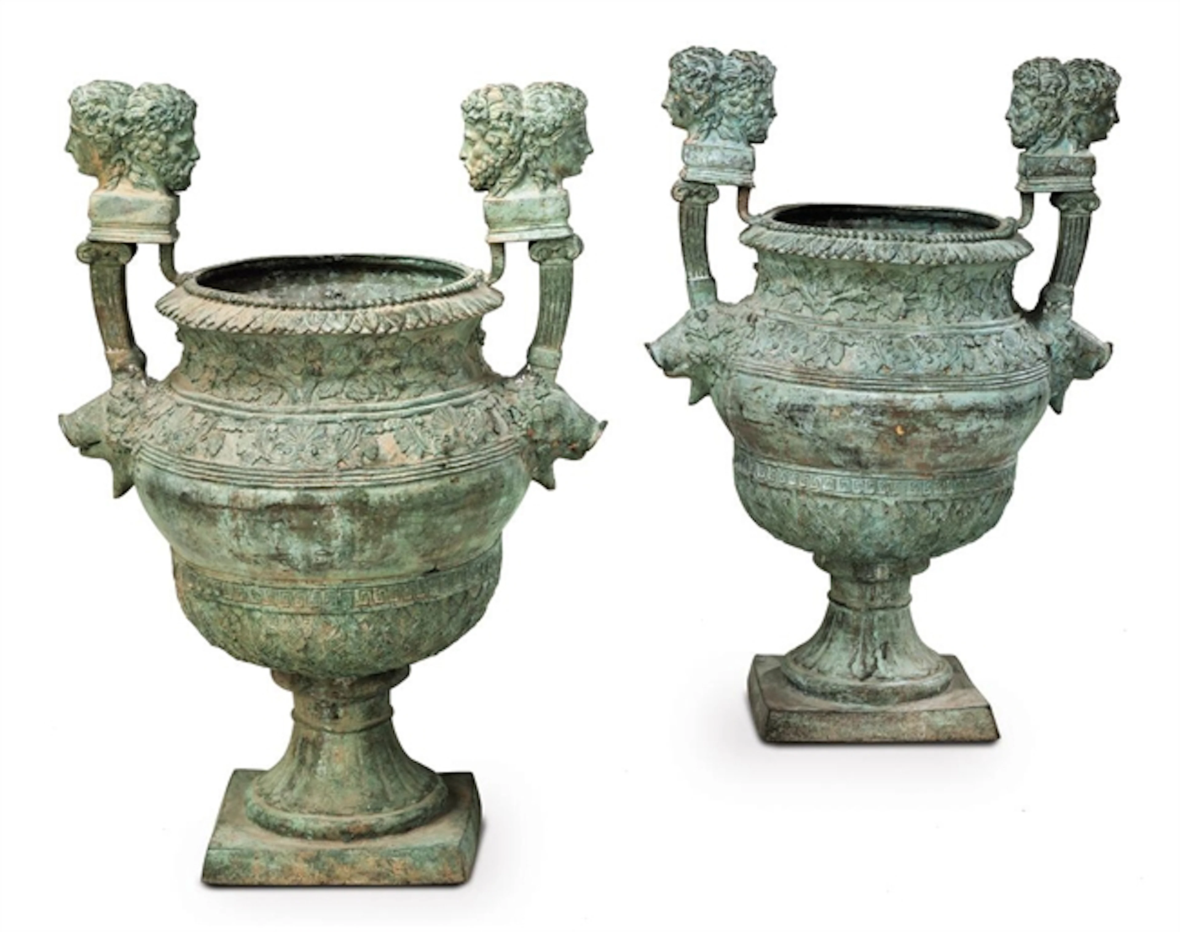 A PAIR OF BRONZE GARDEN URNS