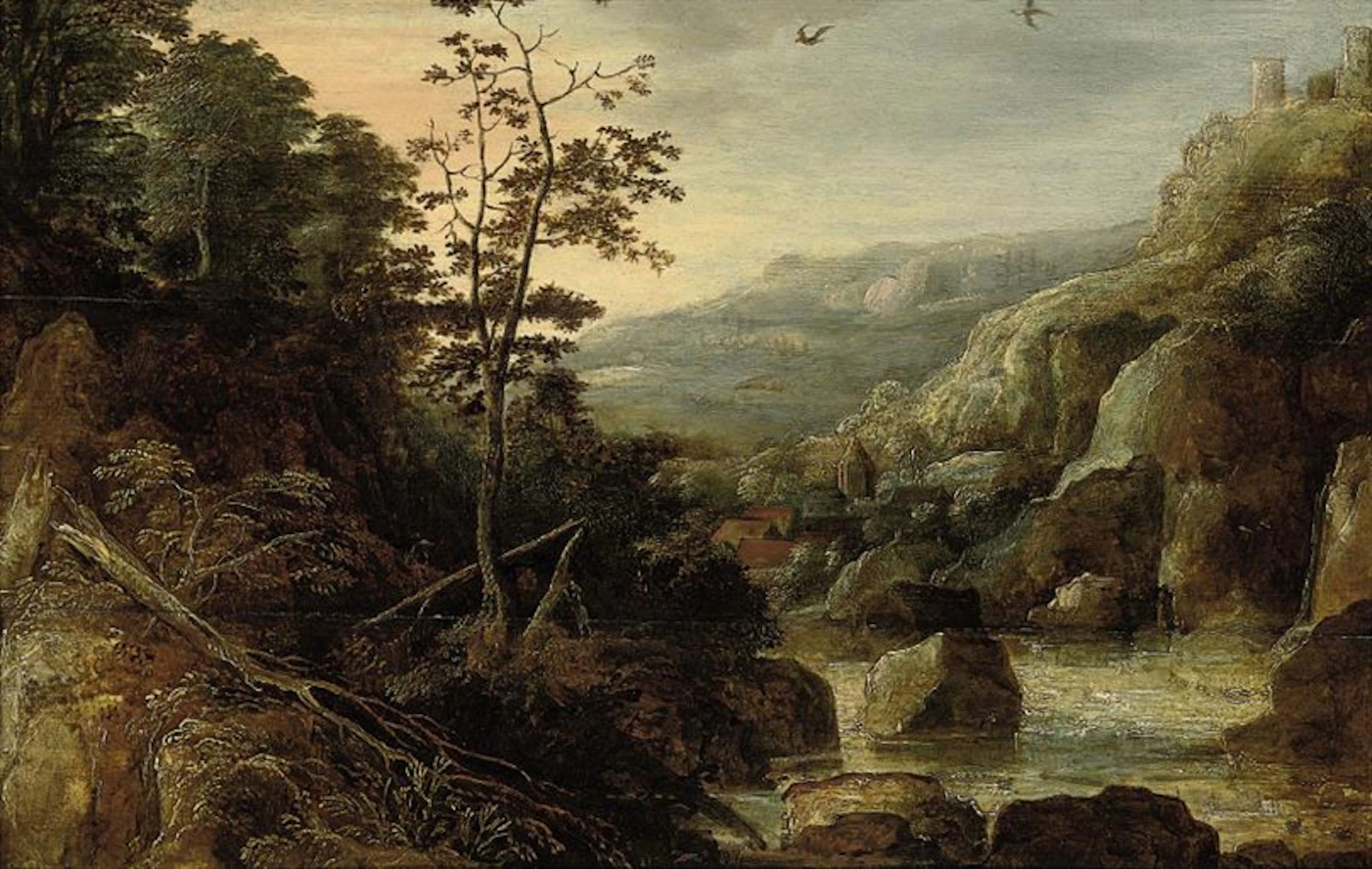 A wooded river landscape with a village beyond