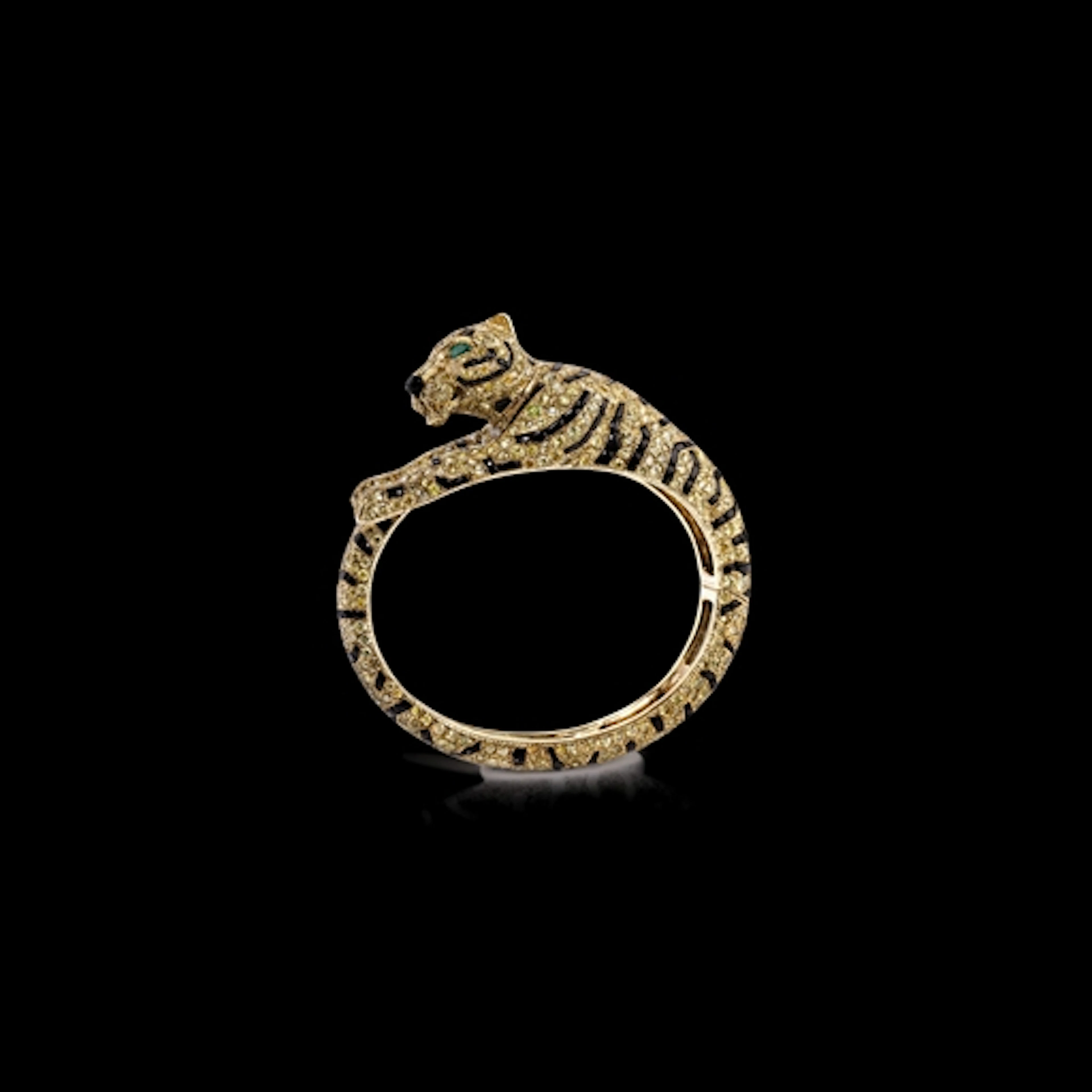Bracciale "Tigre" in Brillanti Gialli, Onice E Smeraldi, Firmato Cartier Paris