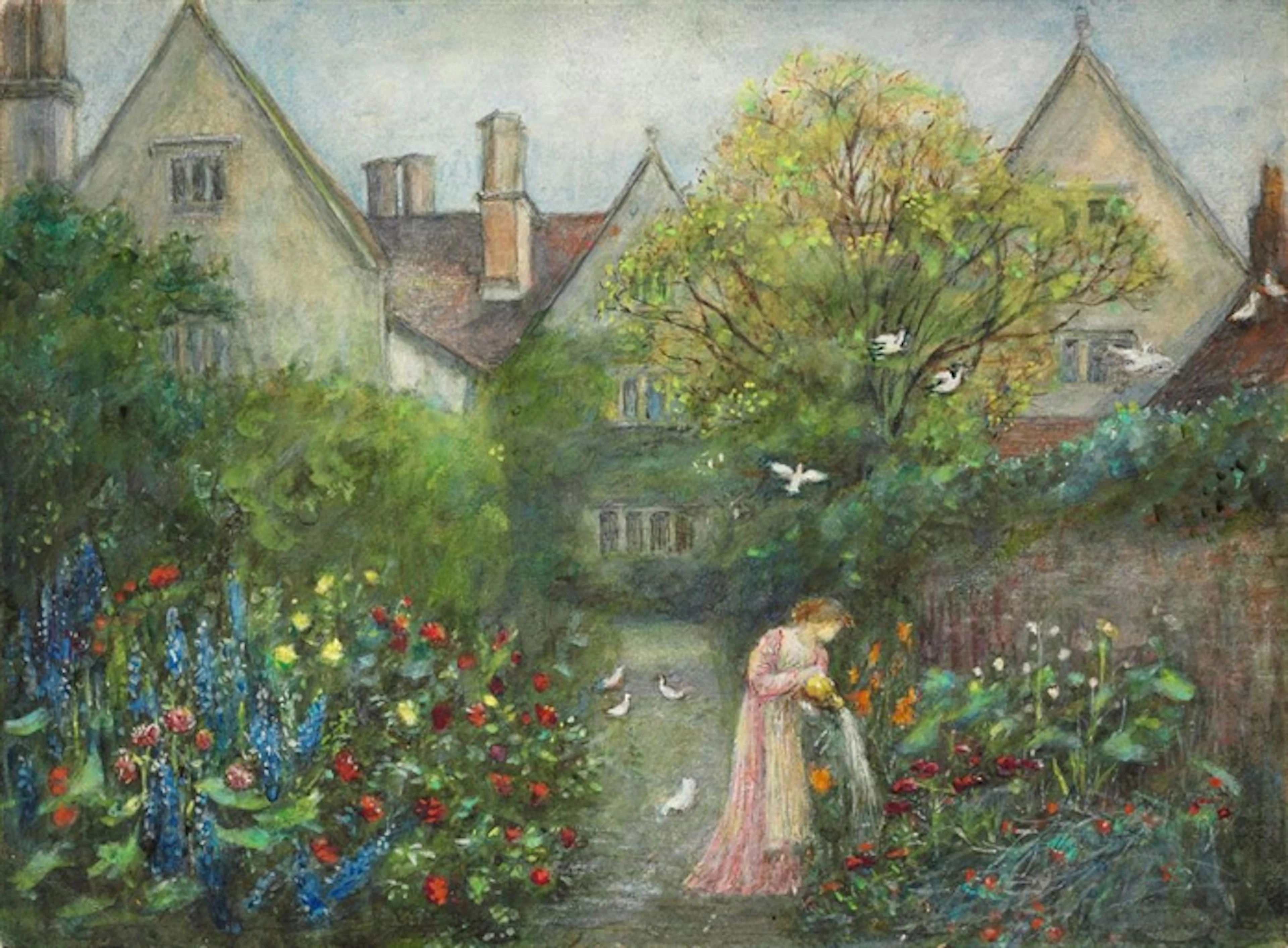 A lady in the garden at Kelmscott Manor, Gloucestershire