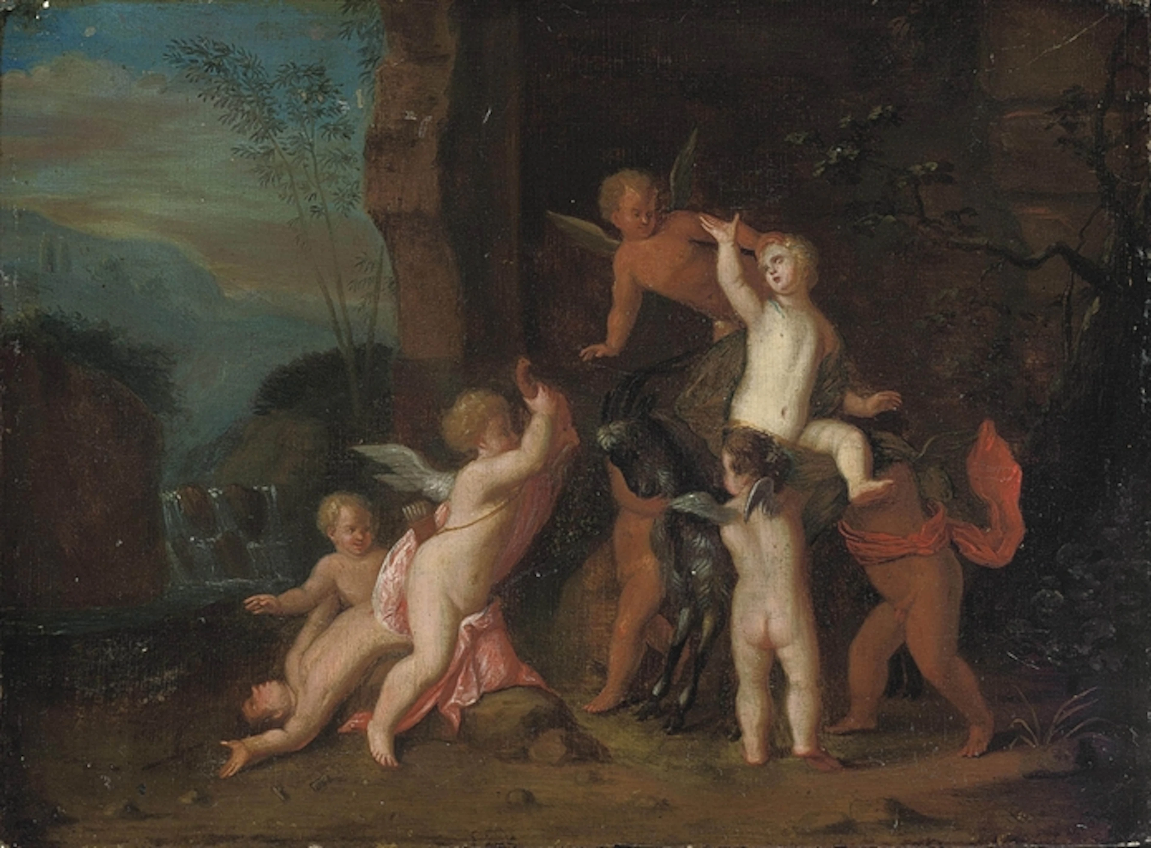 Putti disporting in a landscape, a waterfall beyond