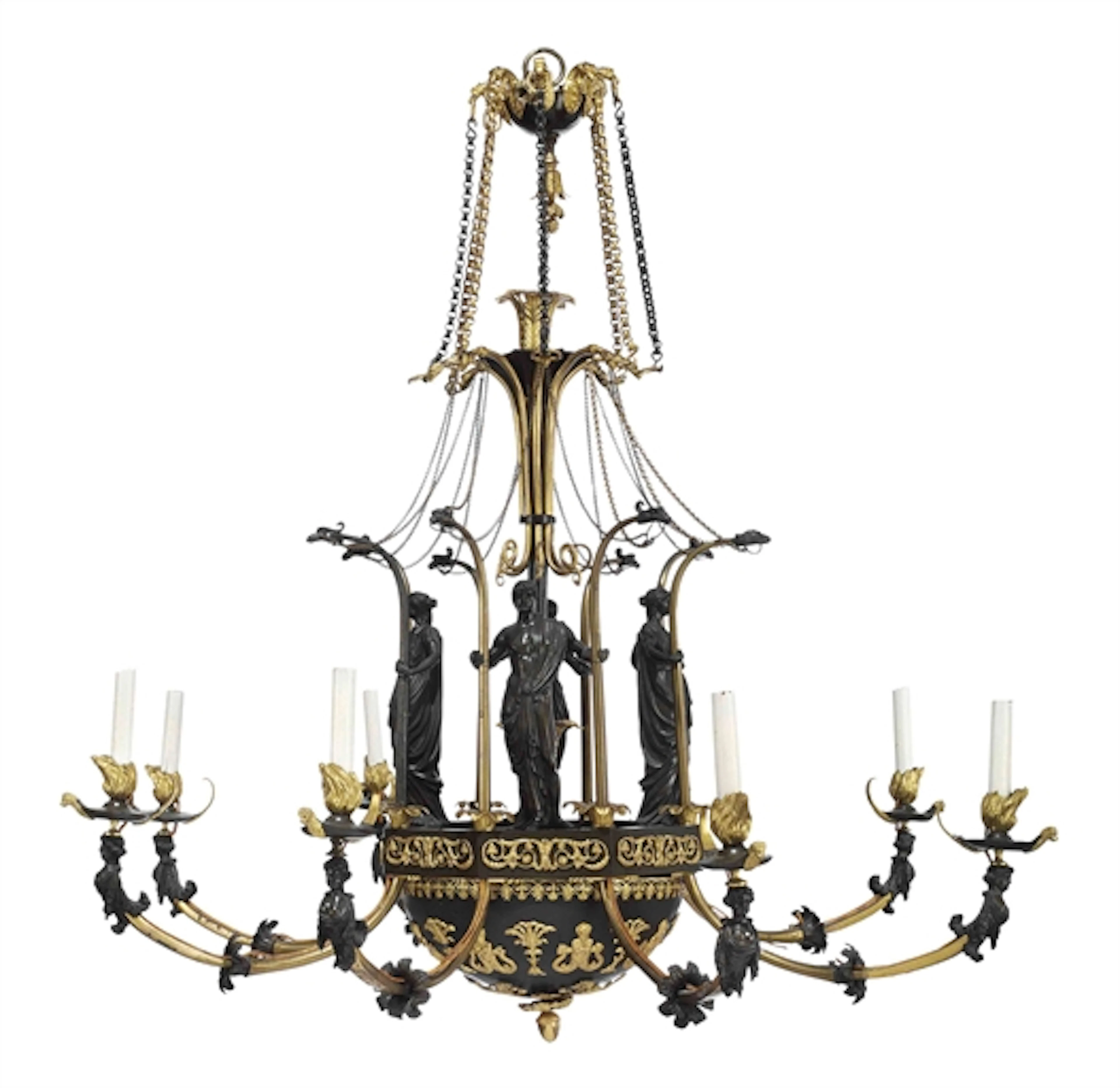 A RUSSIAN ORMOLU AND PATINATED BRONZE EIGHT-LIGHT CHANDELIER