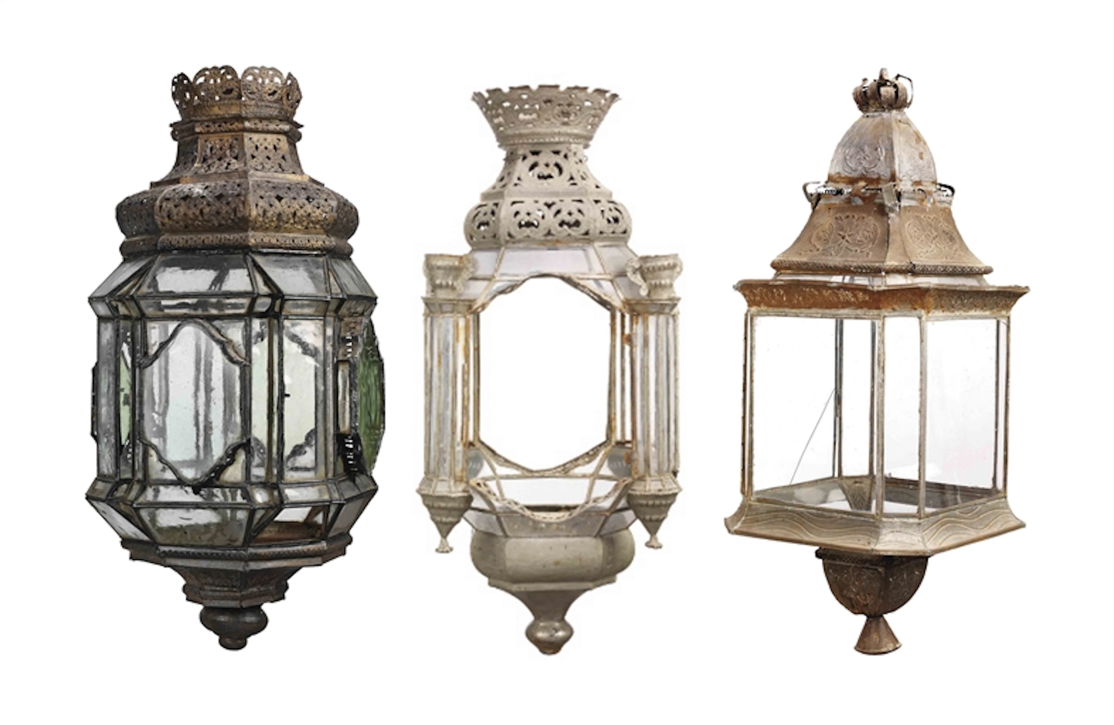 A NORTH AFRICAN GREEN AND CLEAR GLASS REPOUSSE TOLE LANTERN