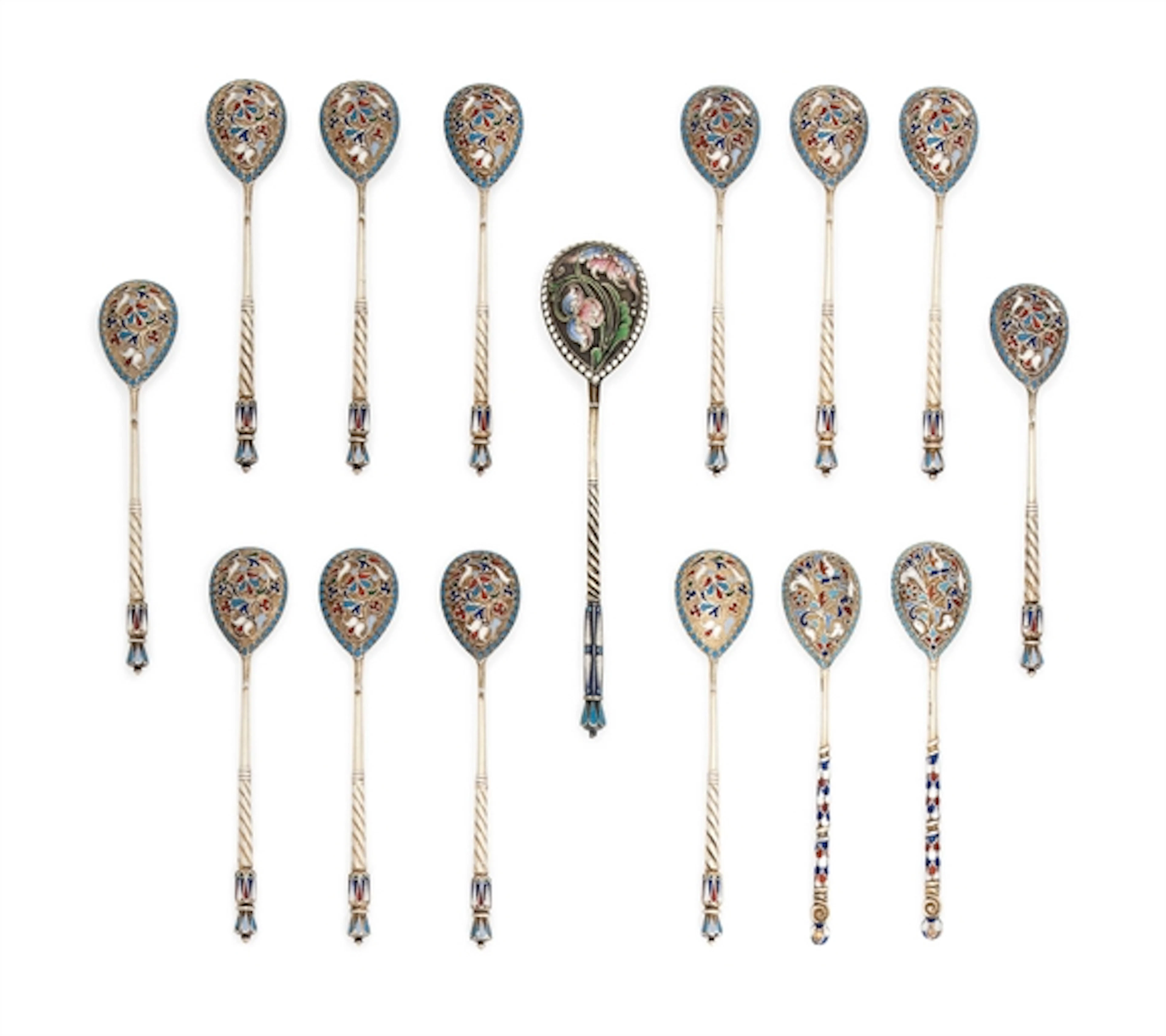 A SET OF TWELVE RUSSIAN CLOISONNE ENAMEL AND SILVER-GILT COFFEE SPOONS
