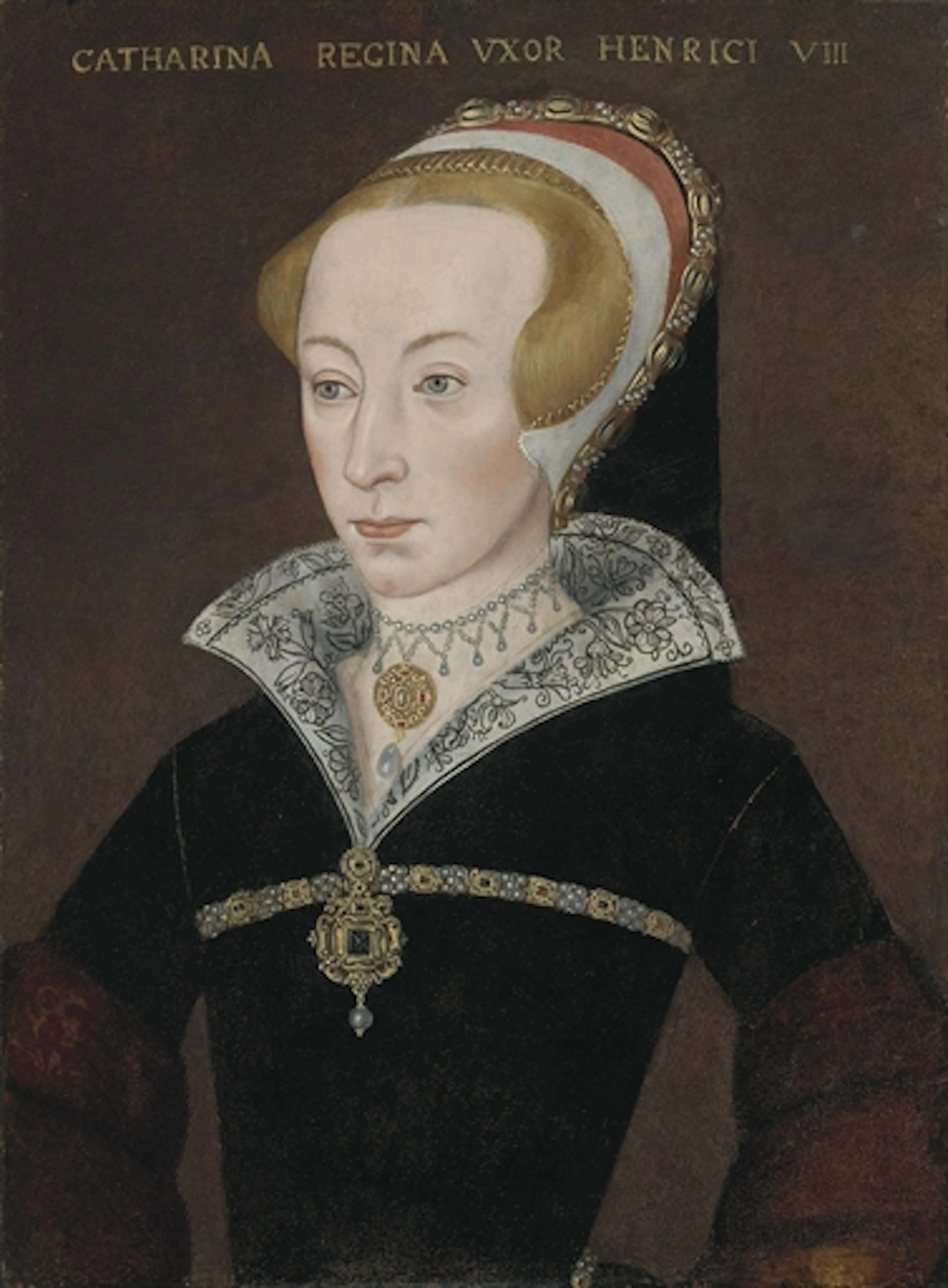 Portrait of Katherine Parr (1512-1548), Queen of England, half-length, in a black dress with black-and-white-embroidered collar and fur sleeves, and a bejewelled headdress