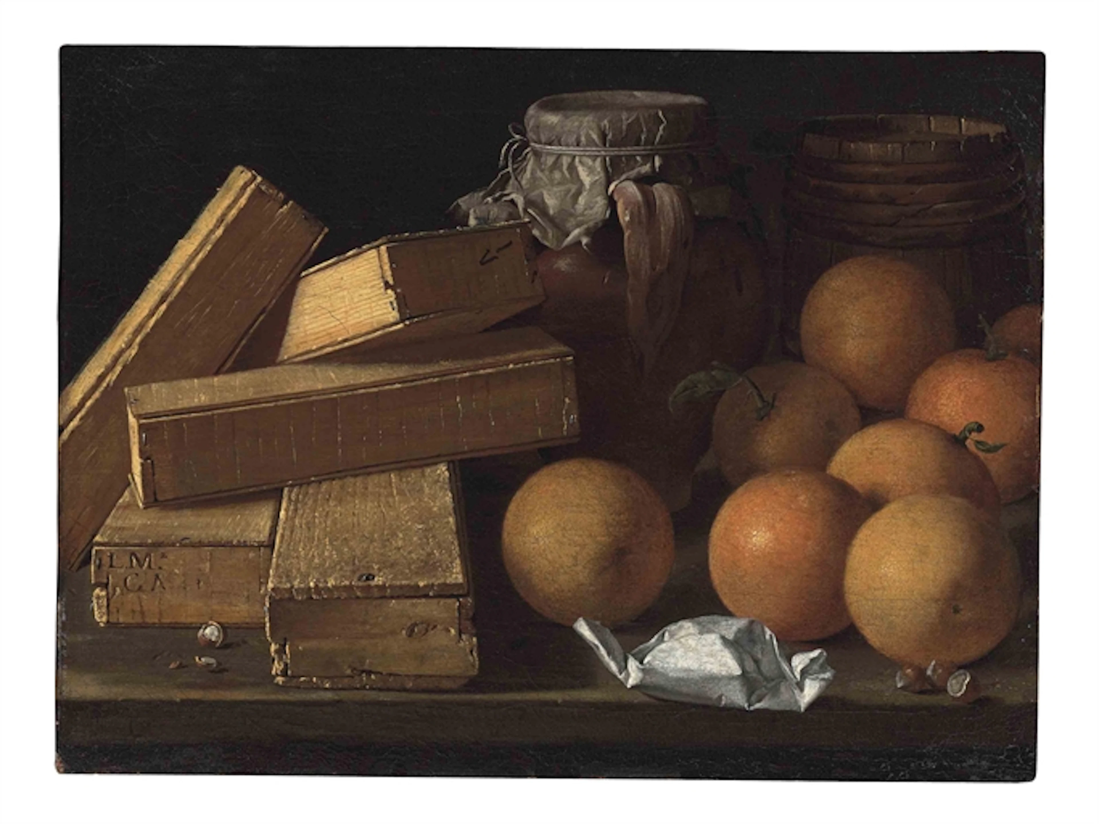 Oranges, nuts, spices, boxes of sweetmeats, a jug and a cask on a table
