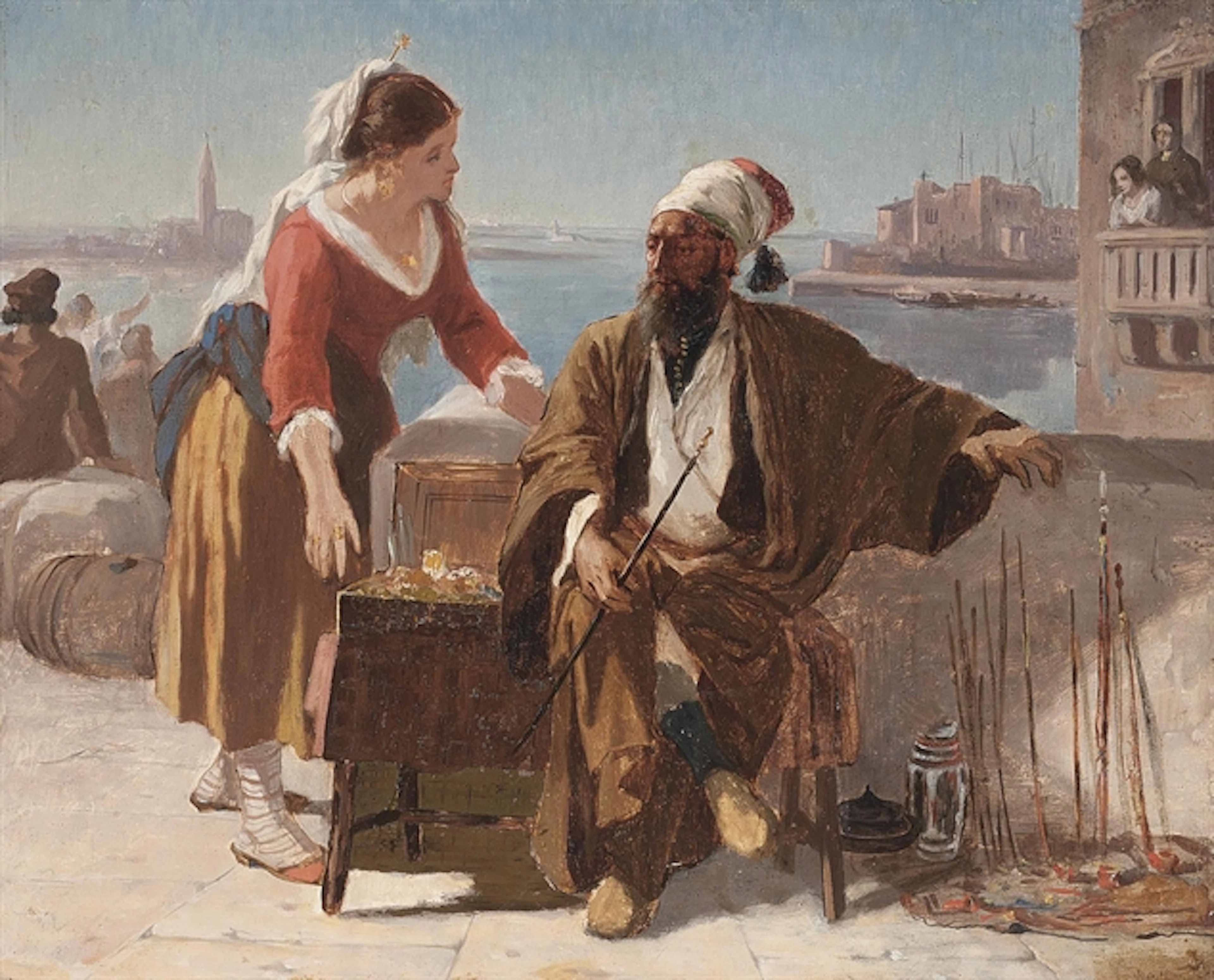 A Turkish pipe seller on a Venetian quayside
