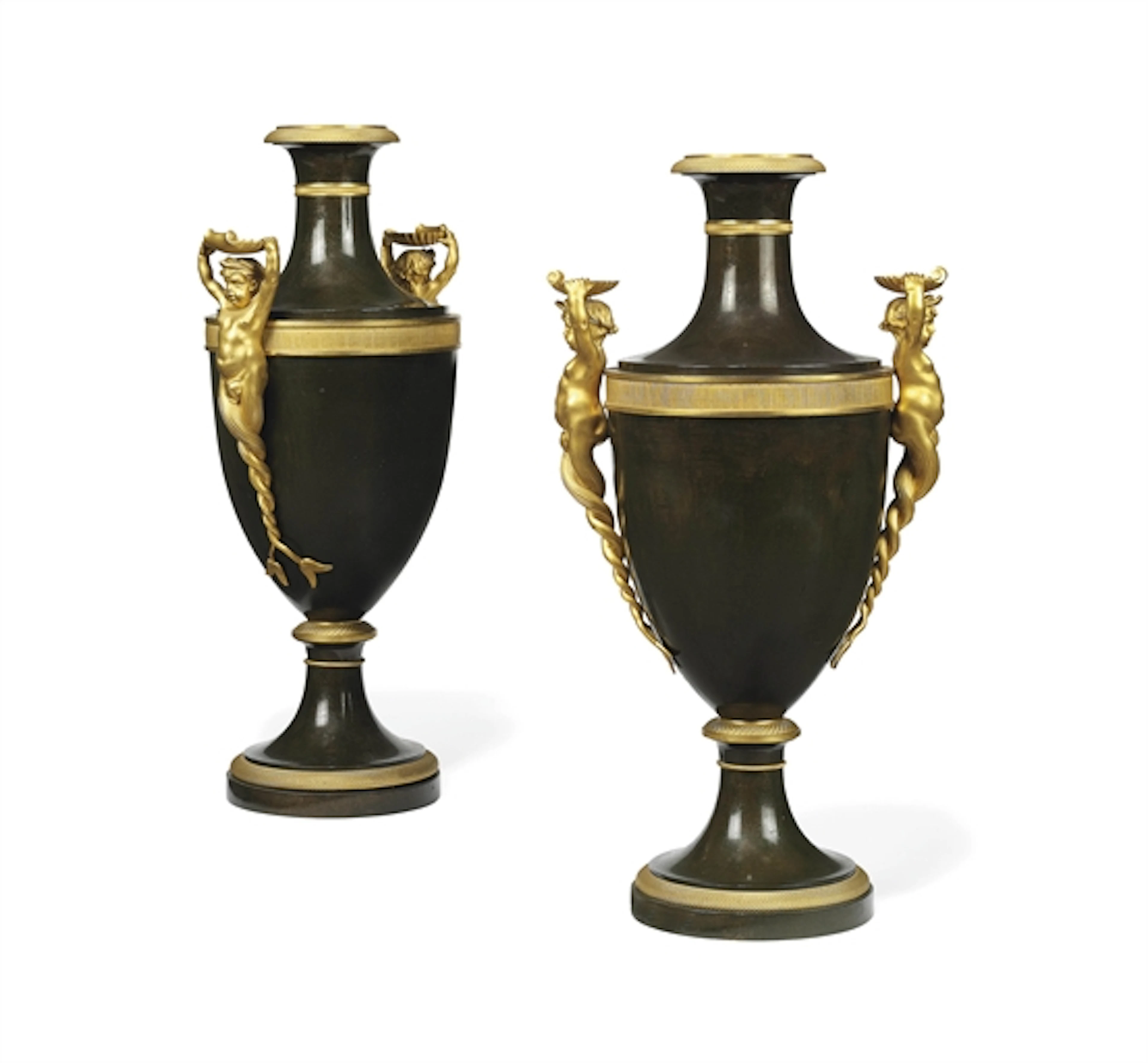 A PAIR OF RUSSIAN ORMOLU AND PATINATED BRONZE VASES