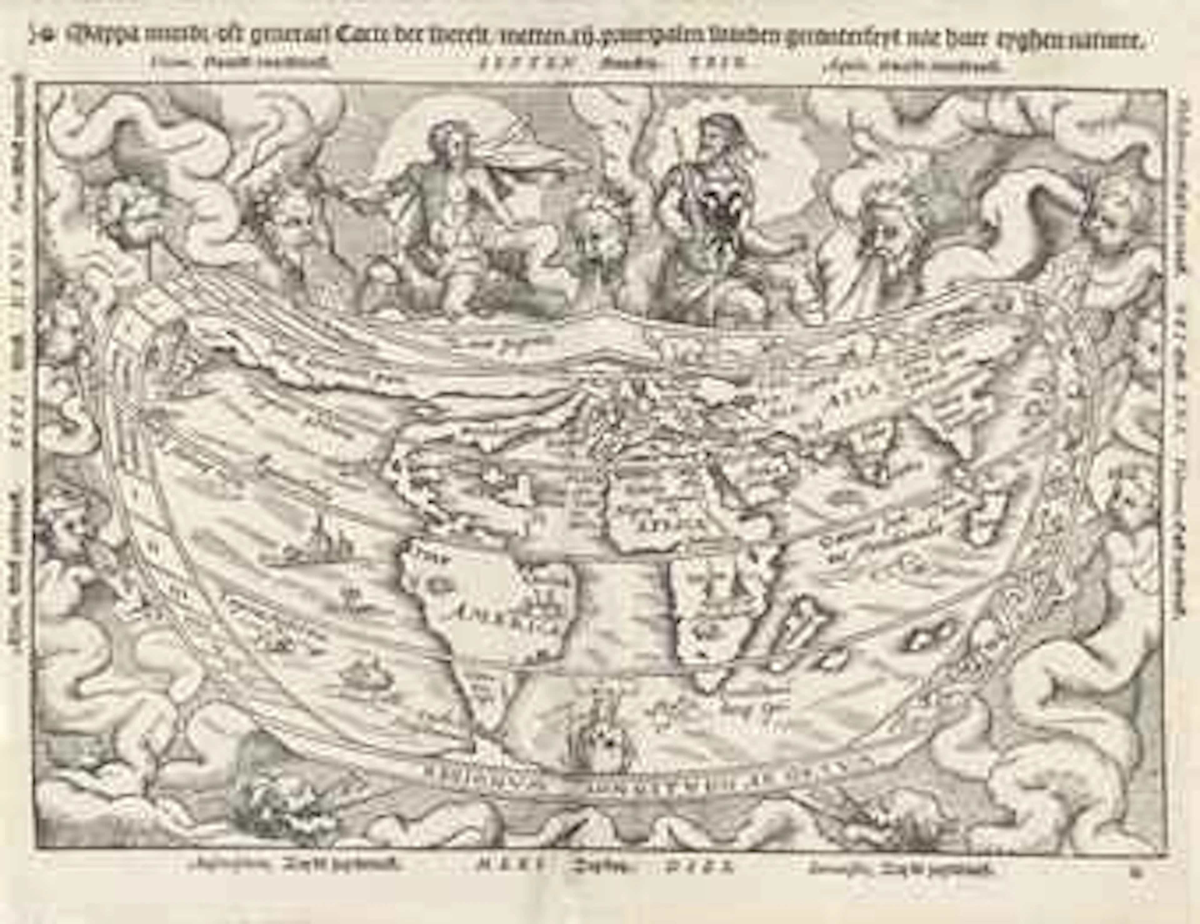 FRIES, Lorenz (1508-1555) -- APIAN, Peter (1495-1552). Mappa mundi oft generael Carte der Werelt. [Antwerp: 1553 or later]. Double-page woodcut map (restored along fold with some use of