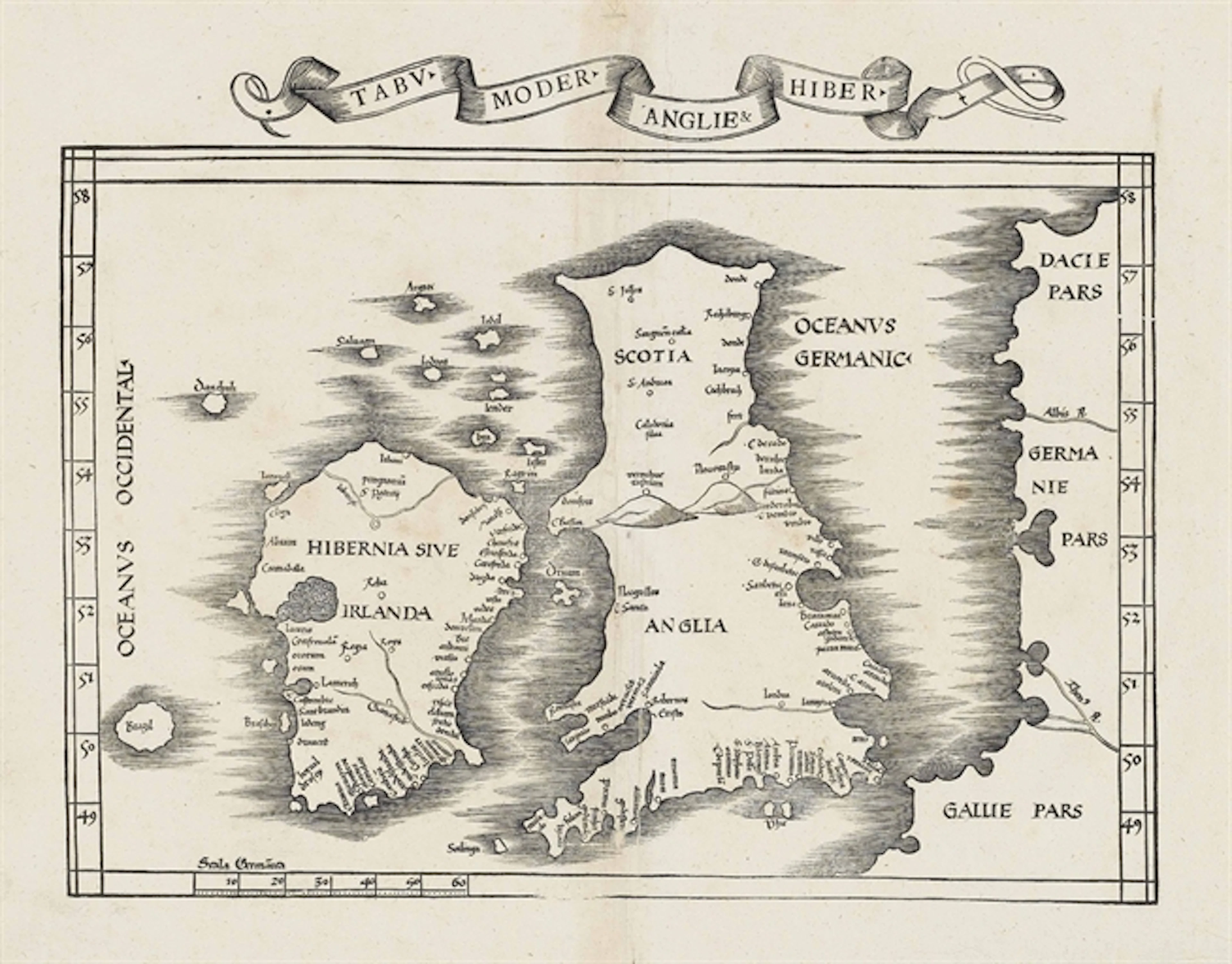 WALDSEEMÜLLER, Martin (1470-1518) -- FRIES, Lorenz (1508-1555). Tabu. Moder. Anglie & Hiber. [Lyon: 1535]. Double-page woodcut map (some restoration along verso of fold, small area of loss to