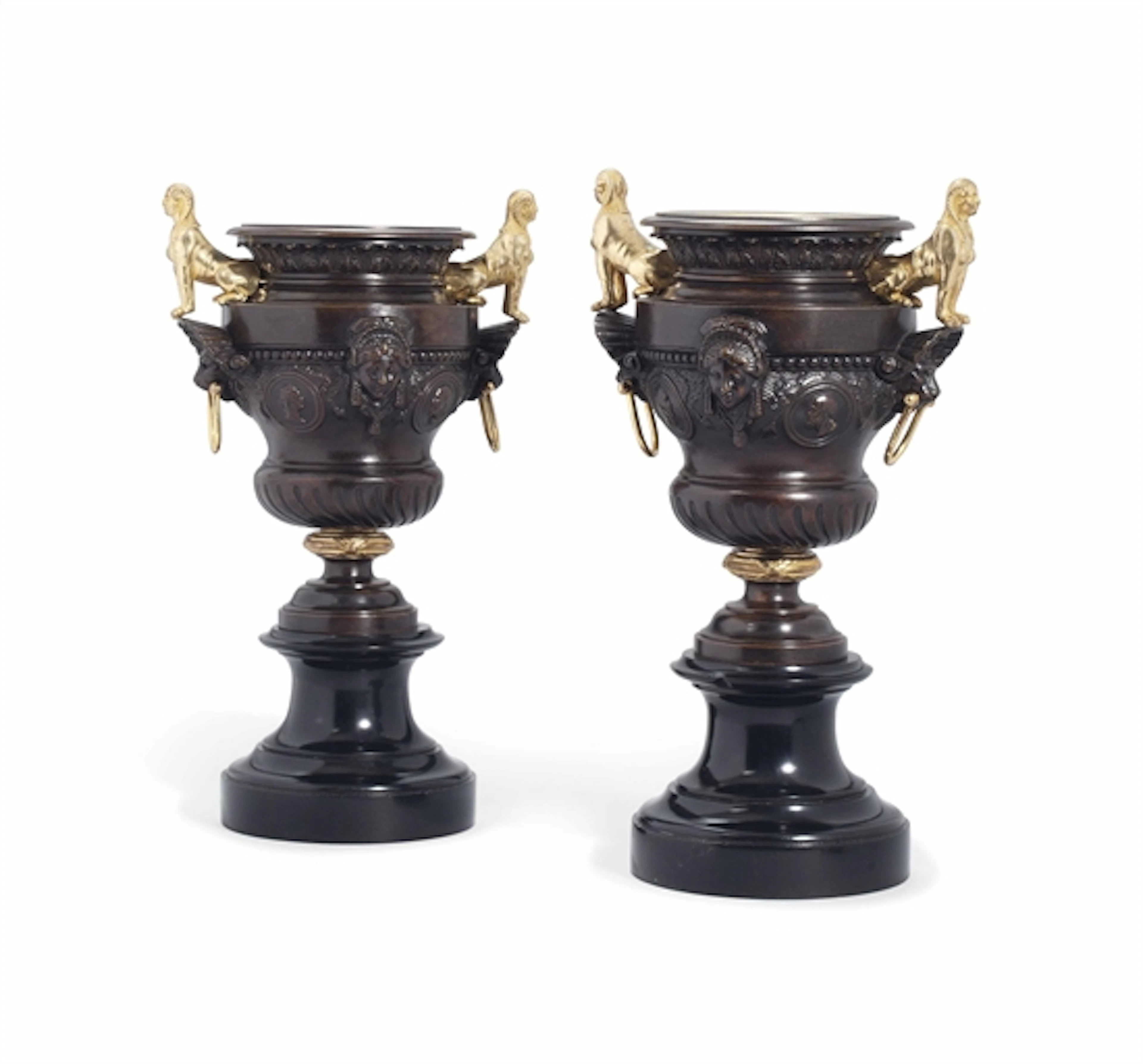 A PAIR OF BRONZE AND PARCEL-GILT VASES