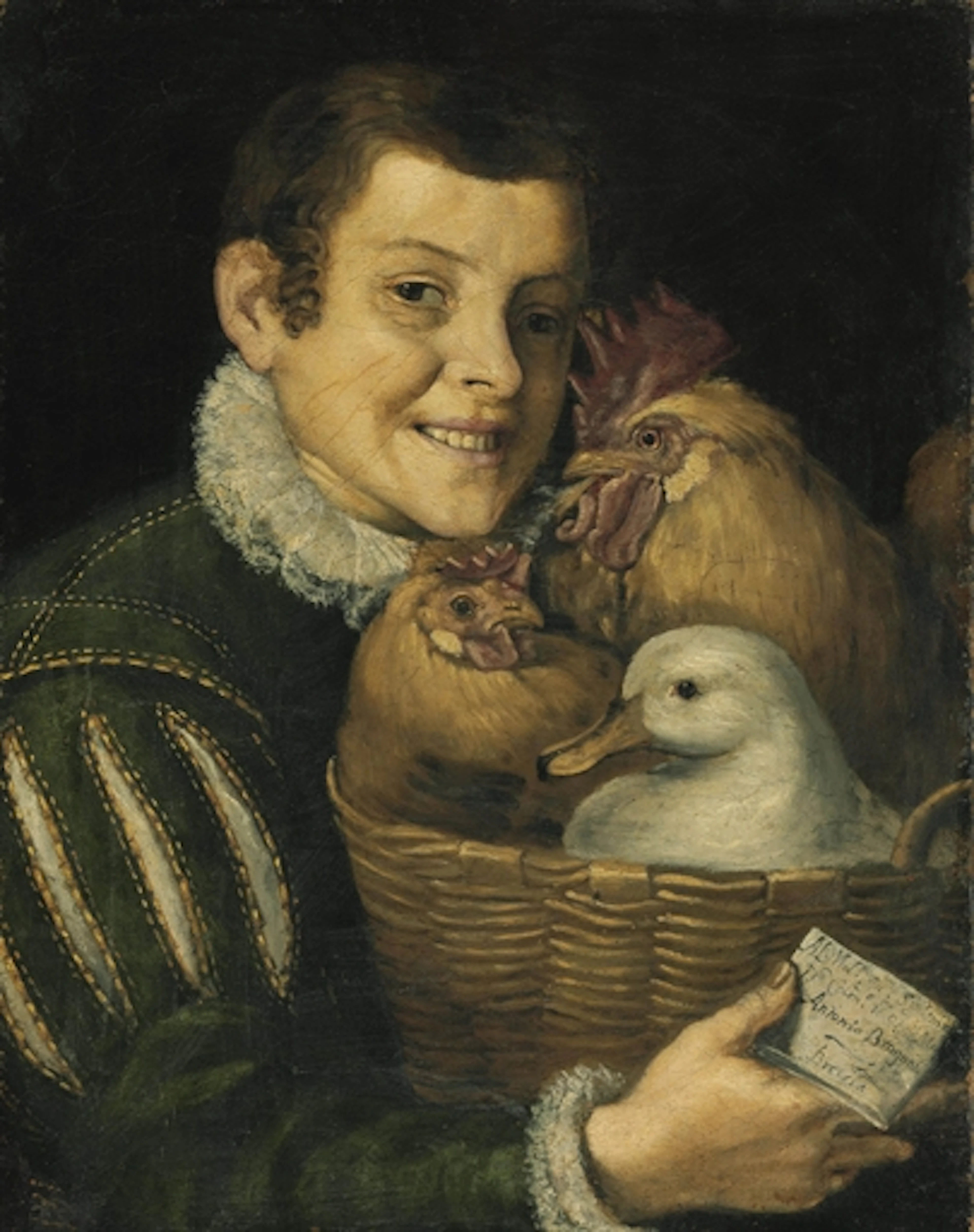 Boy with a basket of poultry