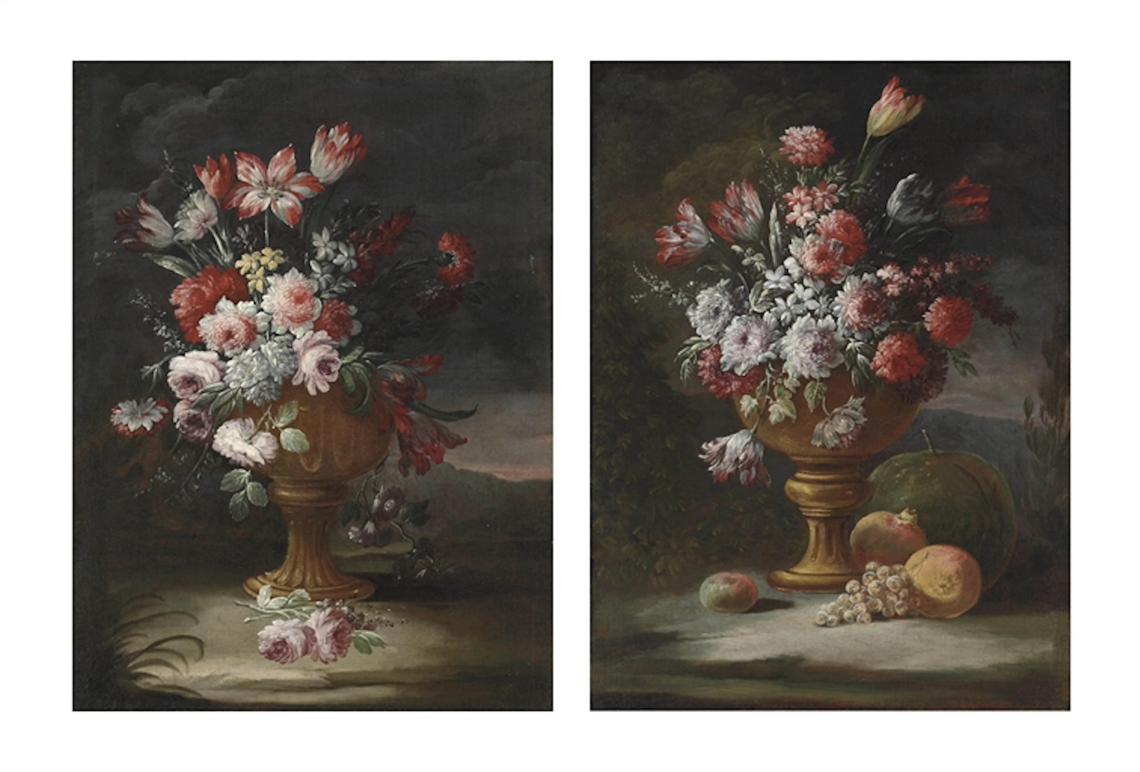 Peonies, tulips and other flowers in an urn with grapes, pomegranates and other fruit in a wooded landscape; and Roses, peonies, tulips and other flowers in an urn in a wooded landscape