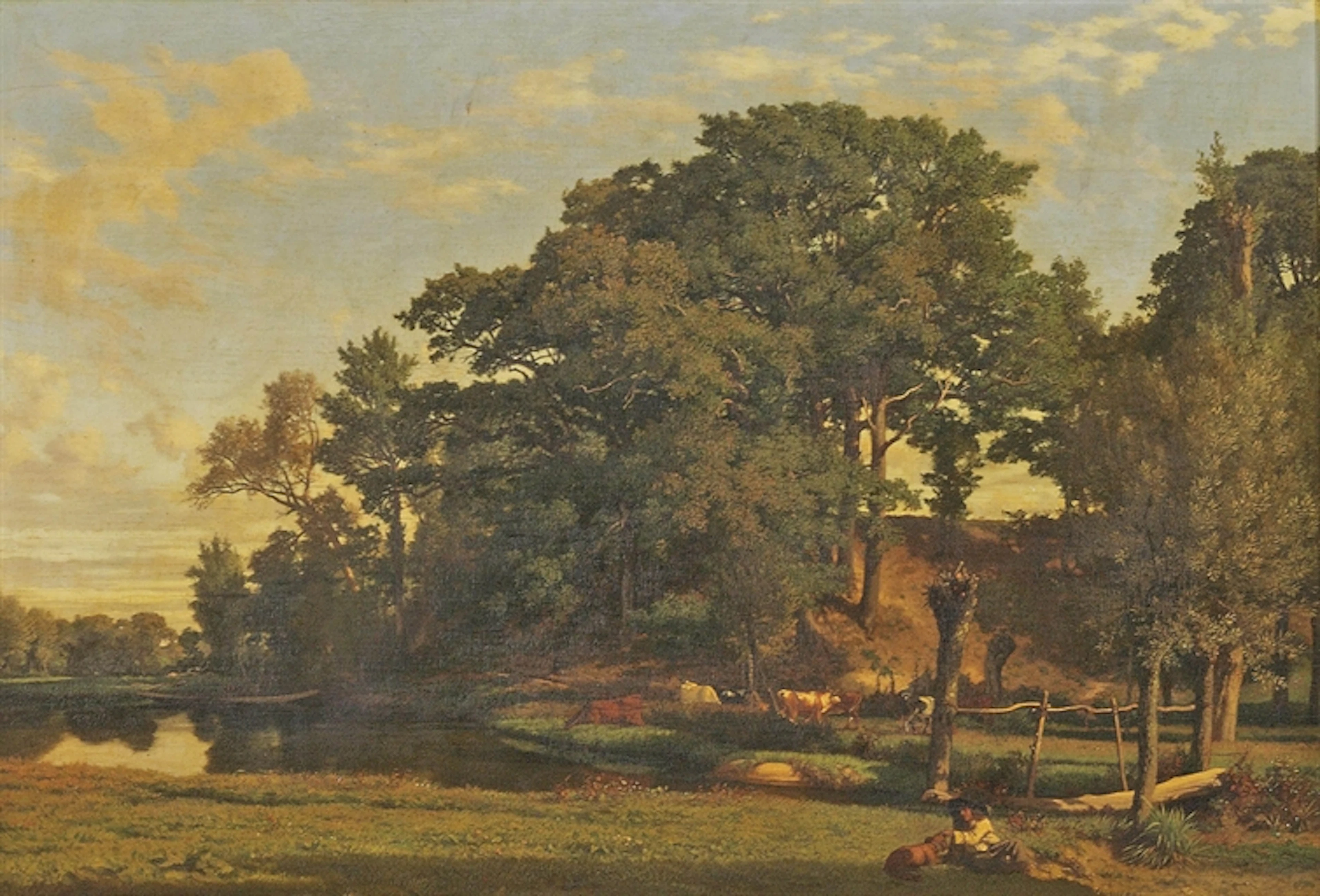 A drover and cattle in a river landscape, a man and his dog