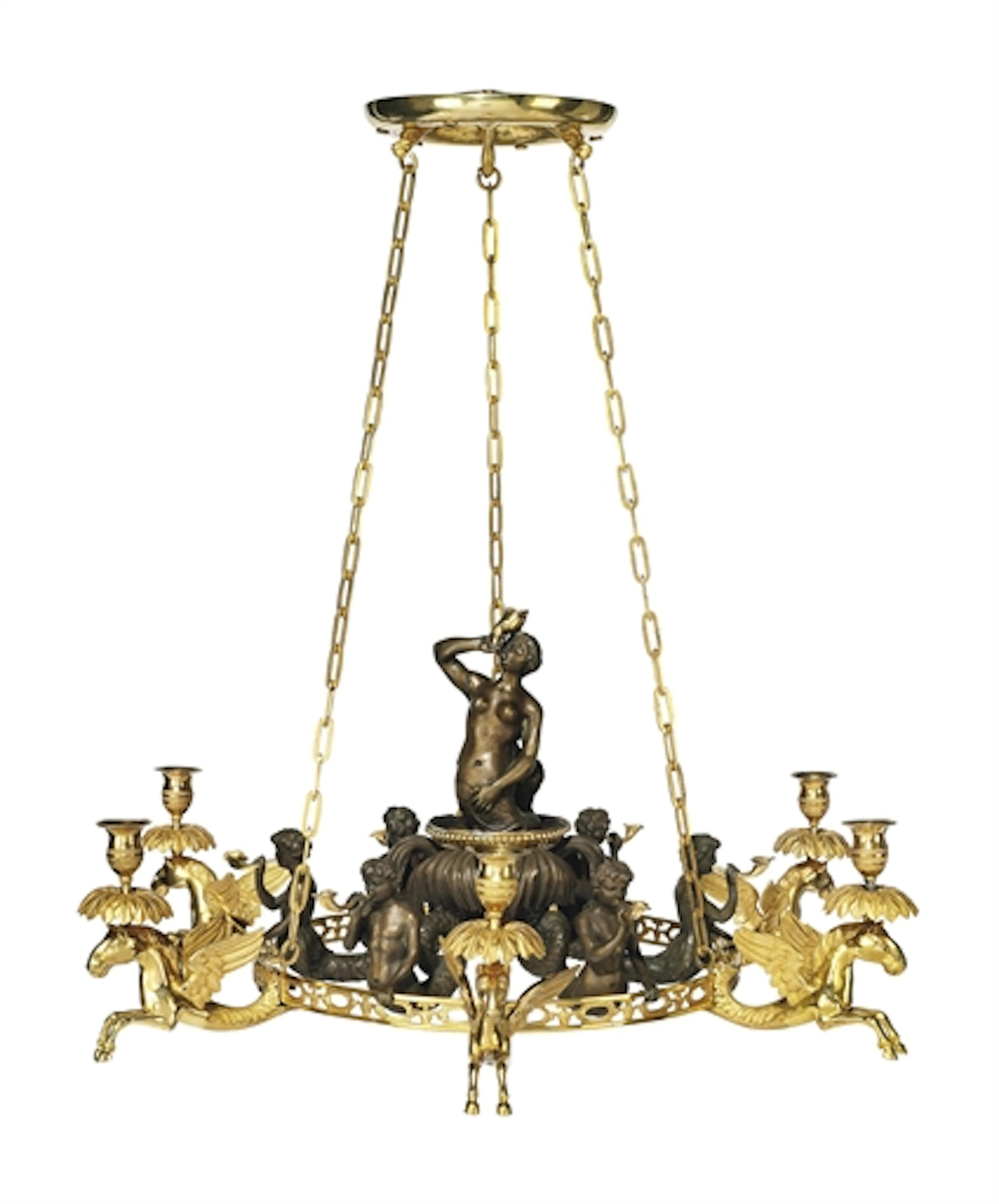 A RUSSIAN ORMOLU AND PATINATED-BRONZE SIX-LIGHT CHANDELIER