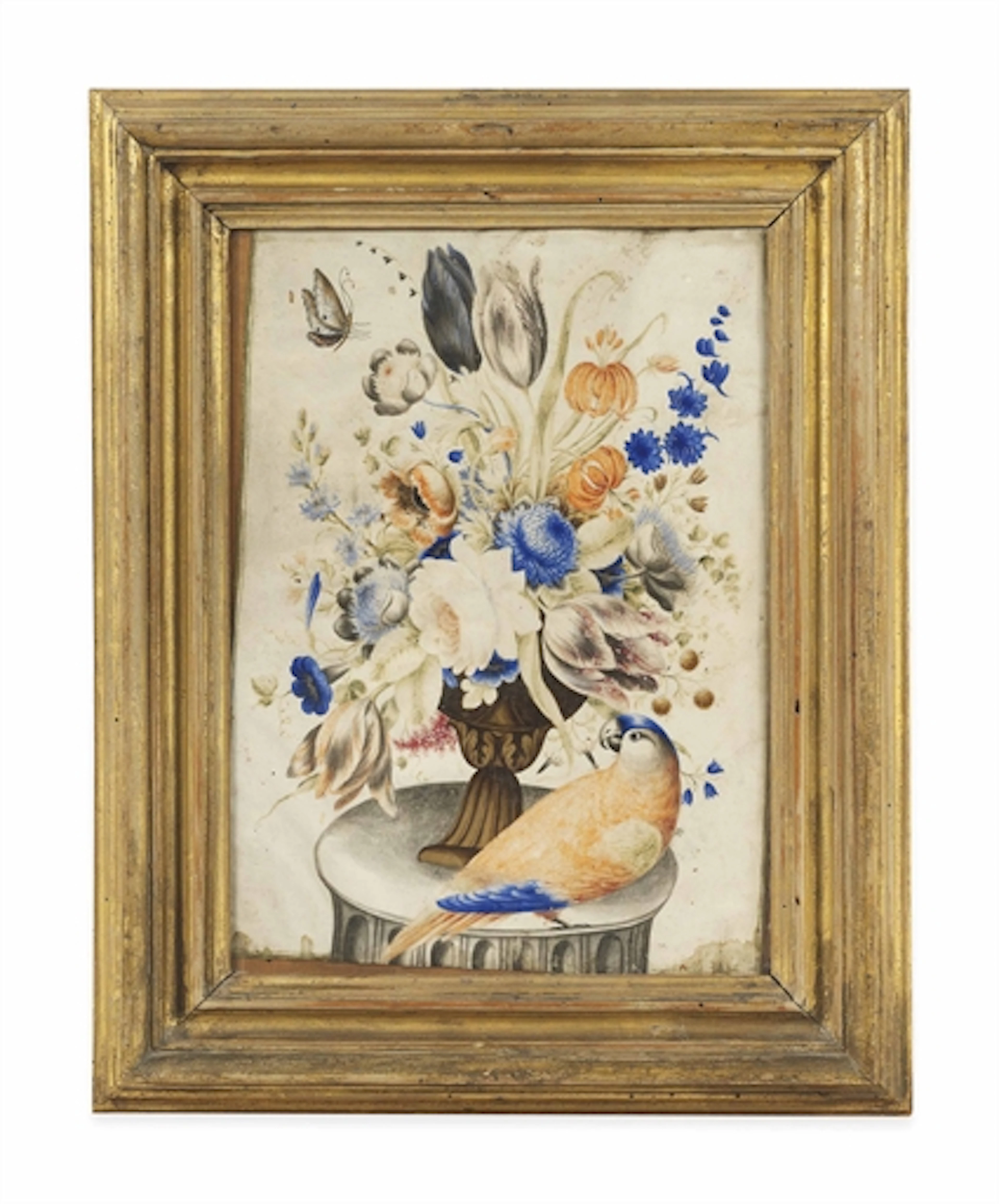 Tulips, convolvulus and other flowers in an urn on a plinth, with a butterfly and a parrot