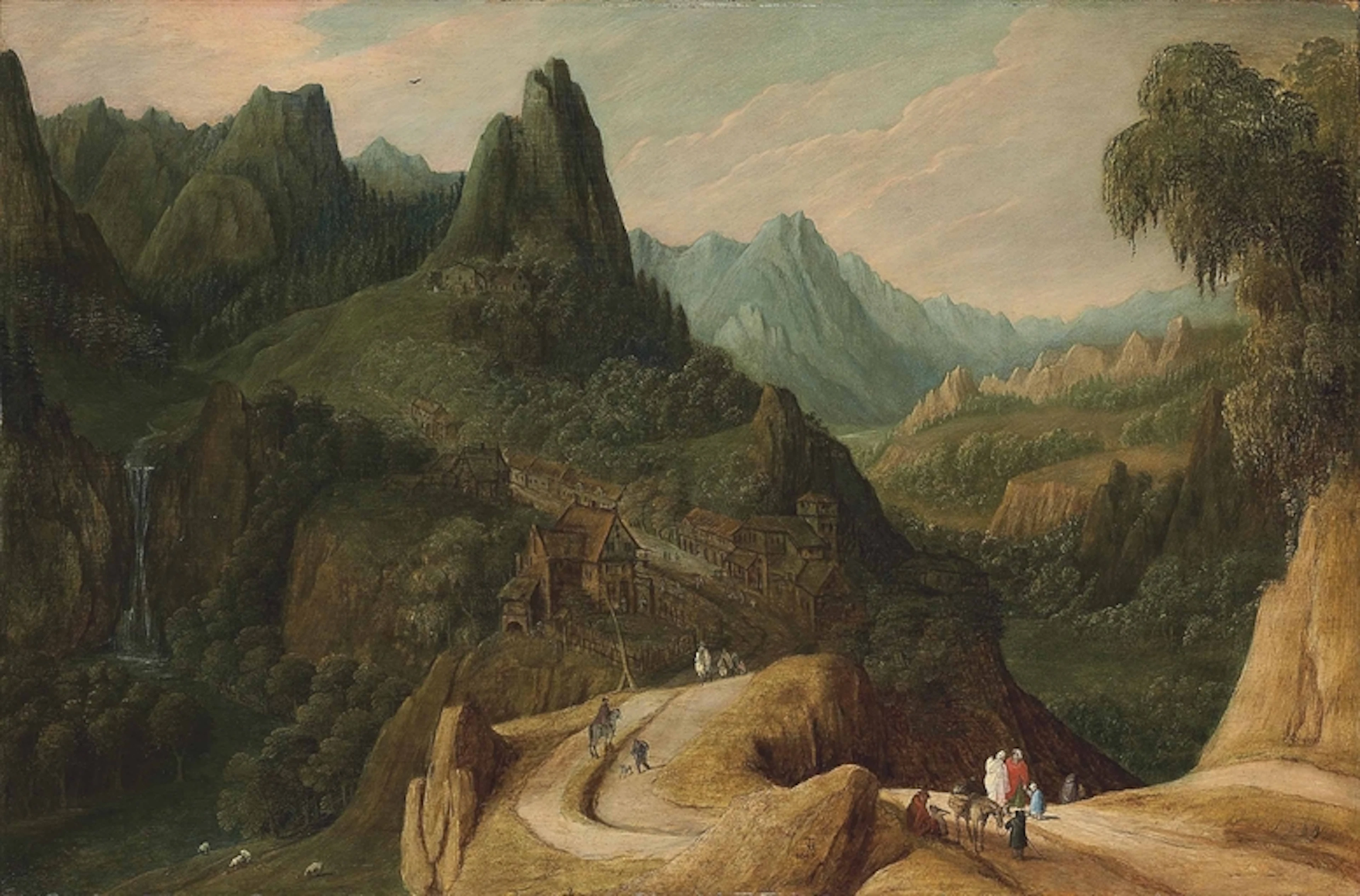 A mountainous landscape with travellers on a track