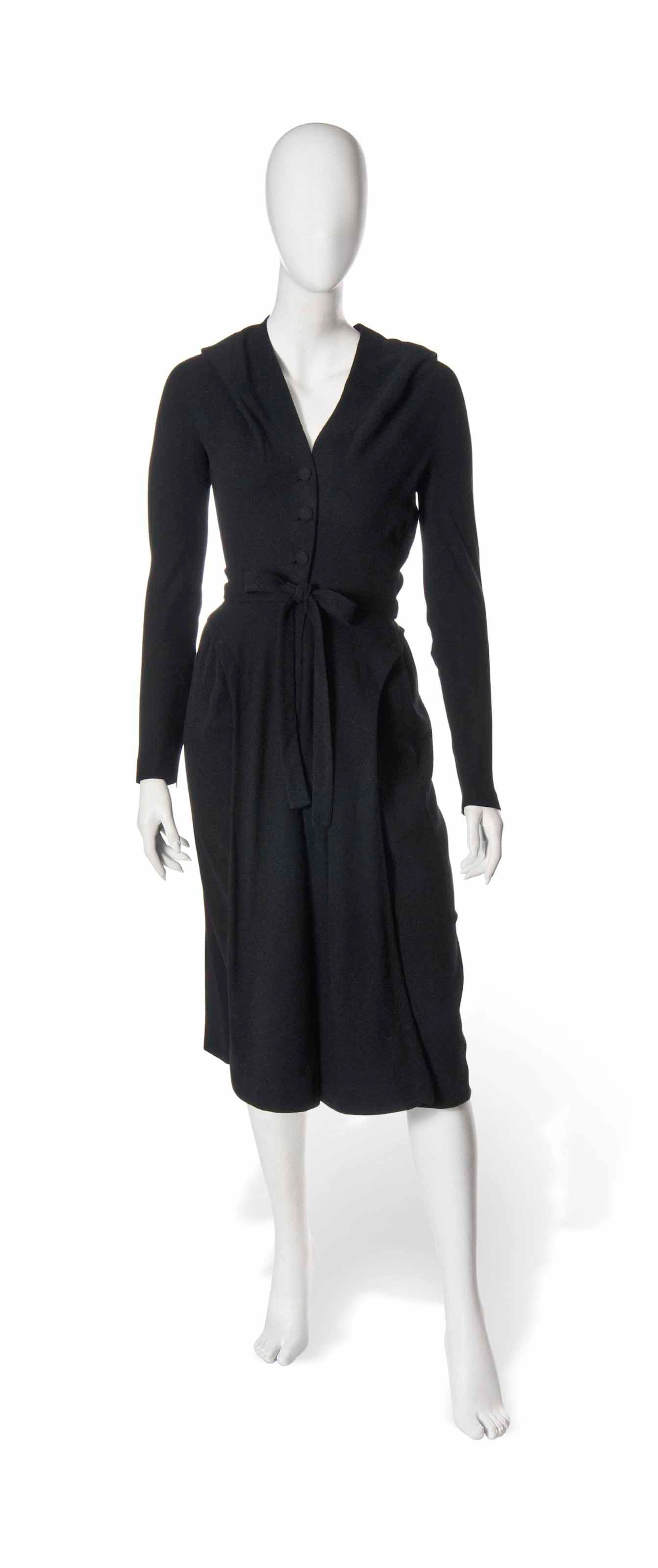 A CRISTÓBAL BALENCIAGA BLACK WOOL CREPE DAY DRESS