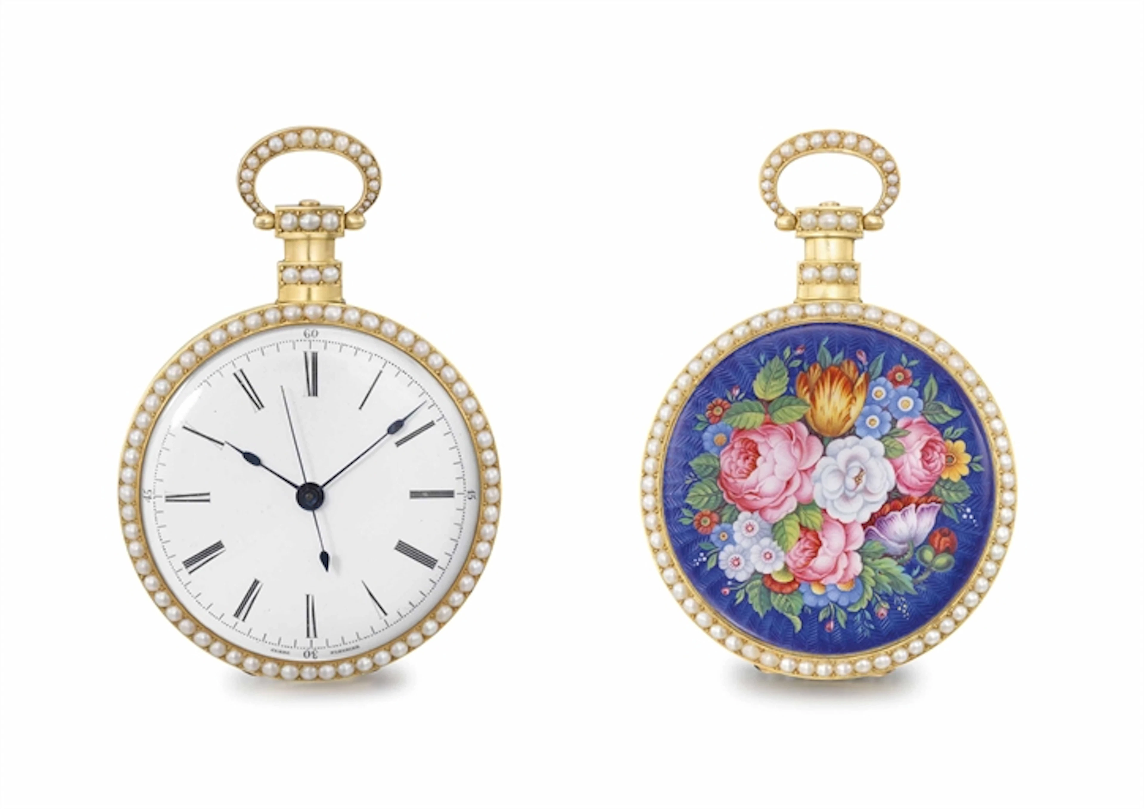 Clerc. A fine, rare and attractive gold, enamel and pearl-set centre seconds duplex watch, made for the Chinese market