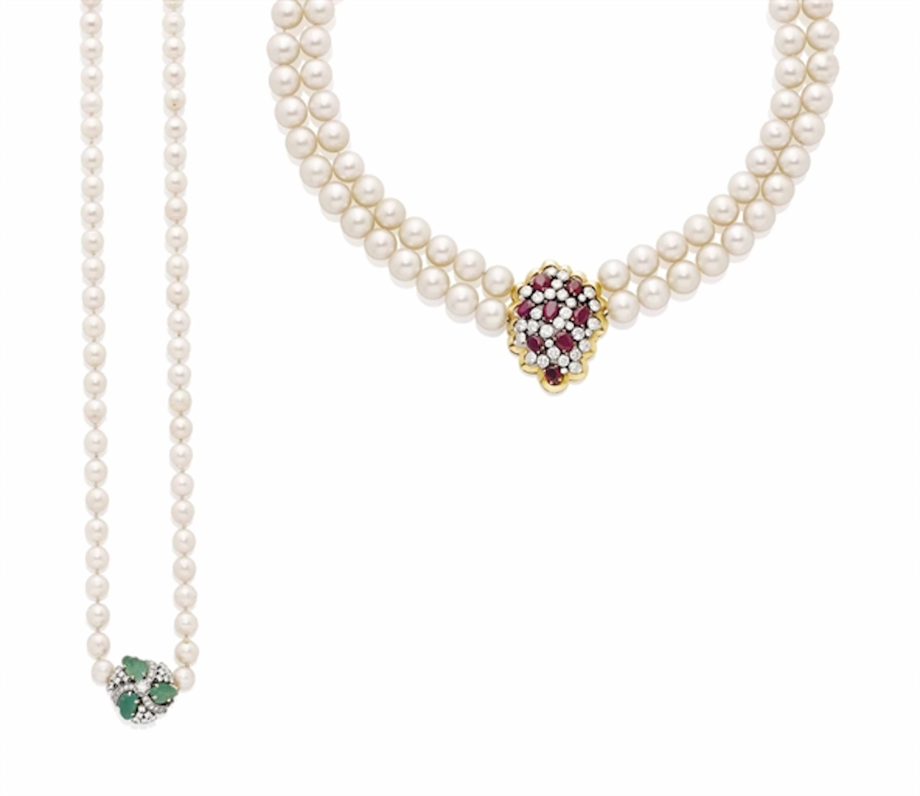 DEUX COLLIERS PERLES DE CULTURE, RUBIS, EMERAUDES ET DIAMANTS