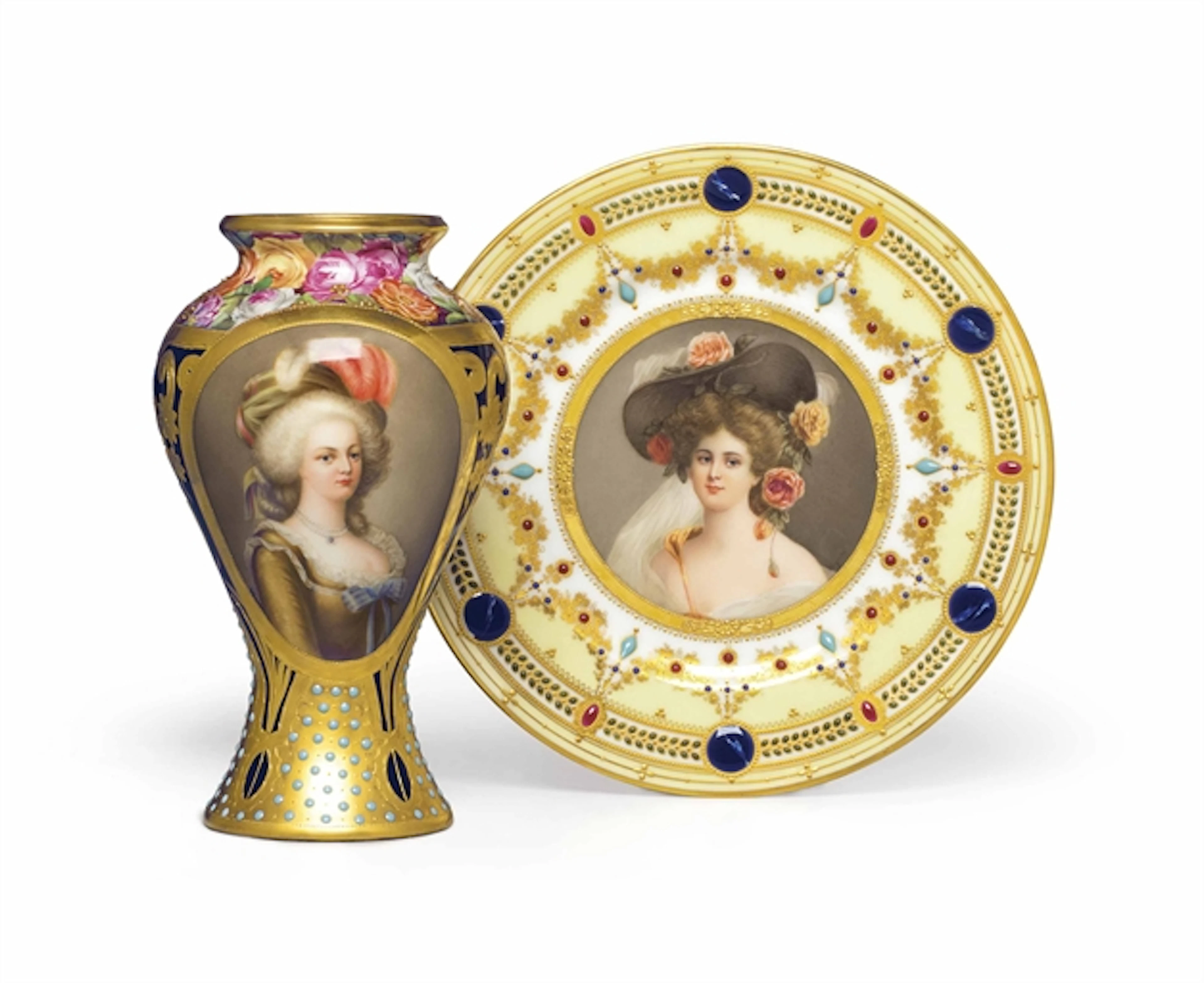 A VIENNA STYLE PORCELAIN 'JEWELED' PORTRAIT VASE AND PLATE