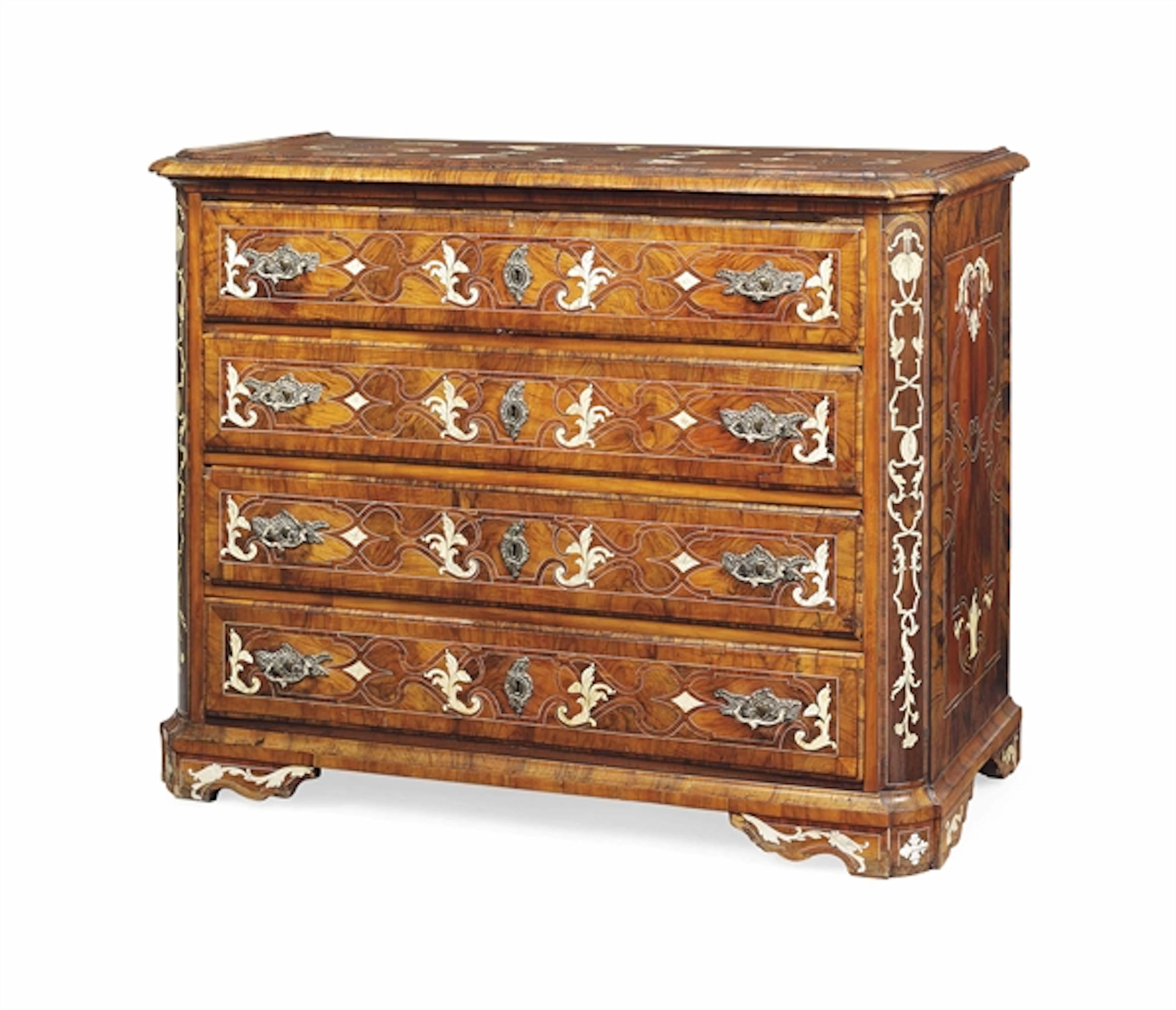 A GERMAN IVORY-INLAID WALNUT, OLIVEWOOD, KINGWOOD AND CHERRYWOOD MARQUETRY COMMODE