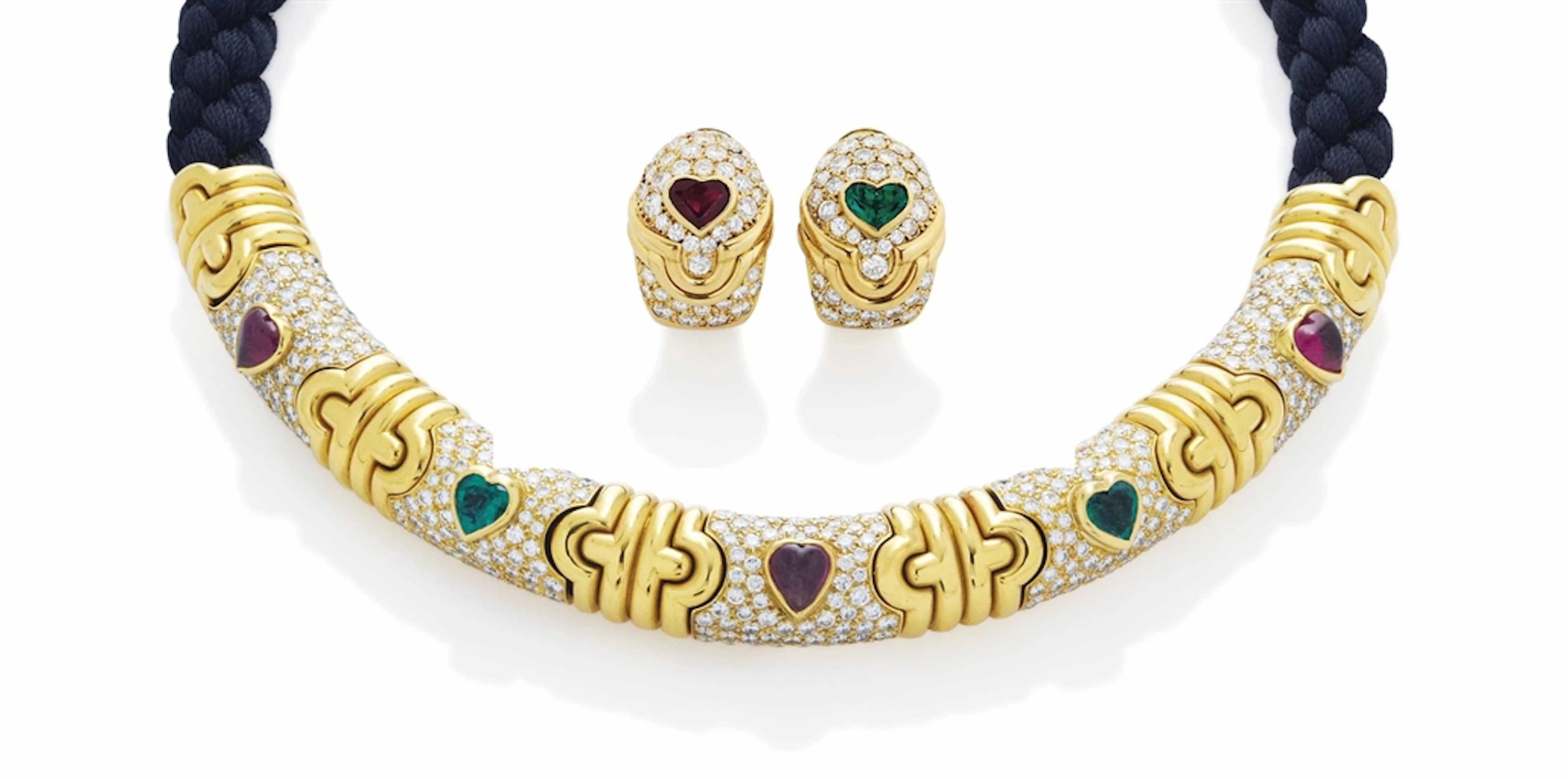 Collier Emeraudes, Rubis Et Diamants, Par Bulgari Et Paire De Clips d'oreilles Emeraude, Rubis Et Diamants, Par Adler