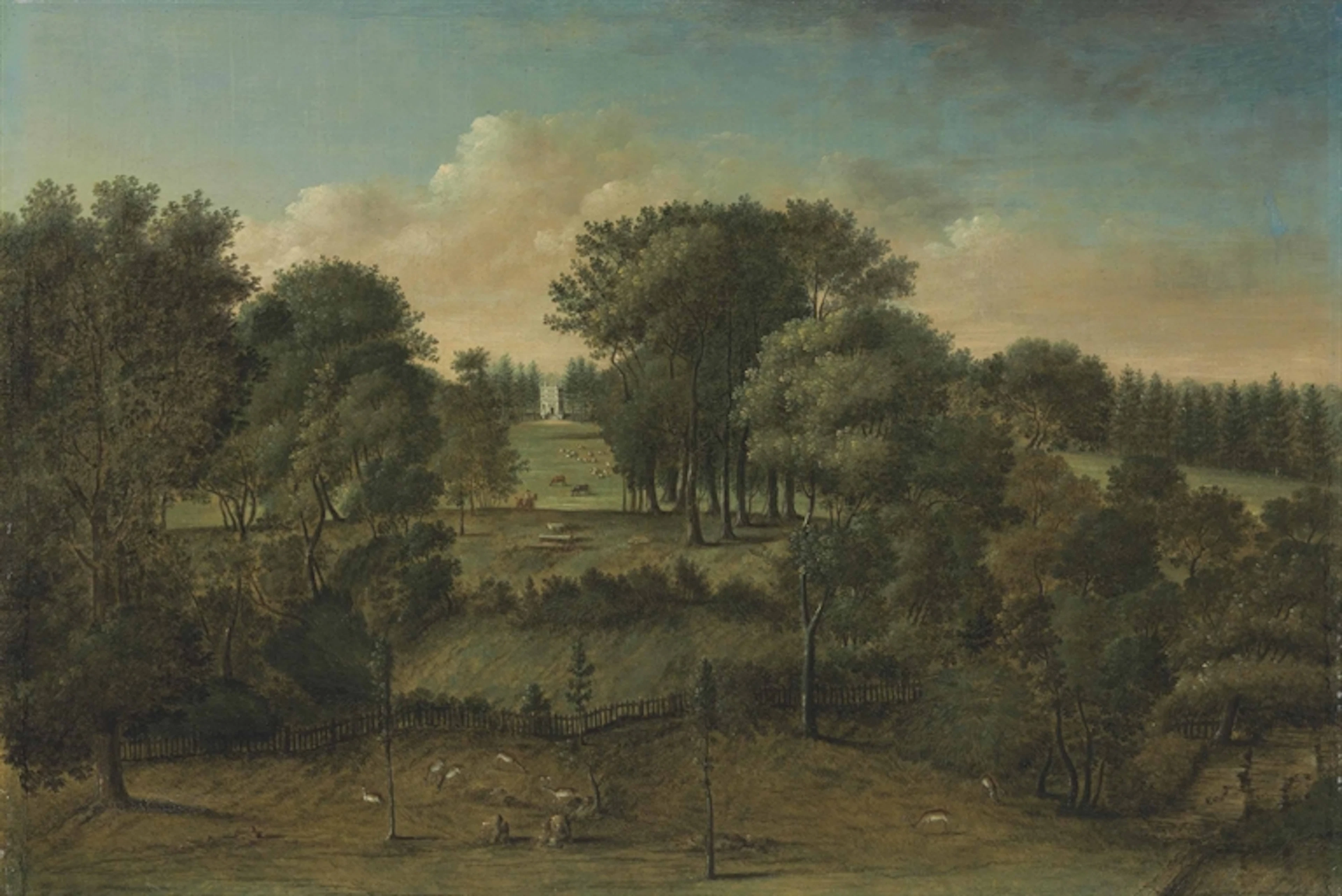 Studley Royal, Yorkshire: An extensive view of the park with the Octagon Tower in the distance