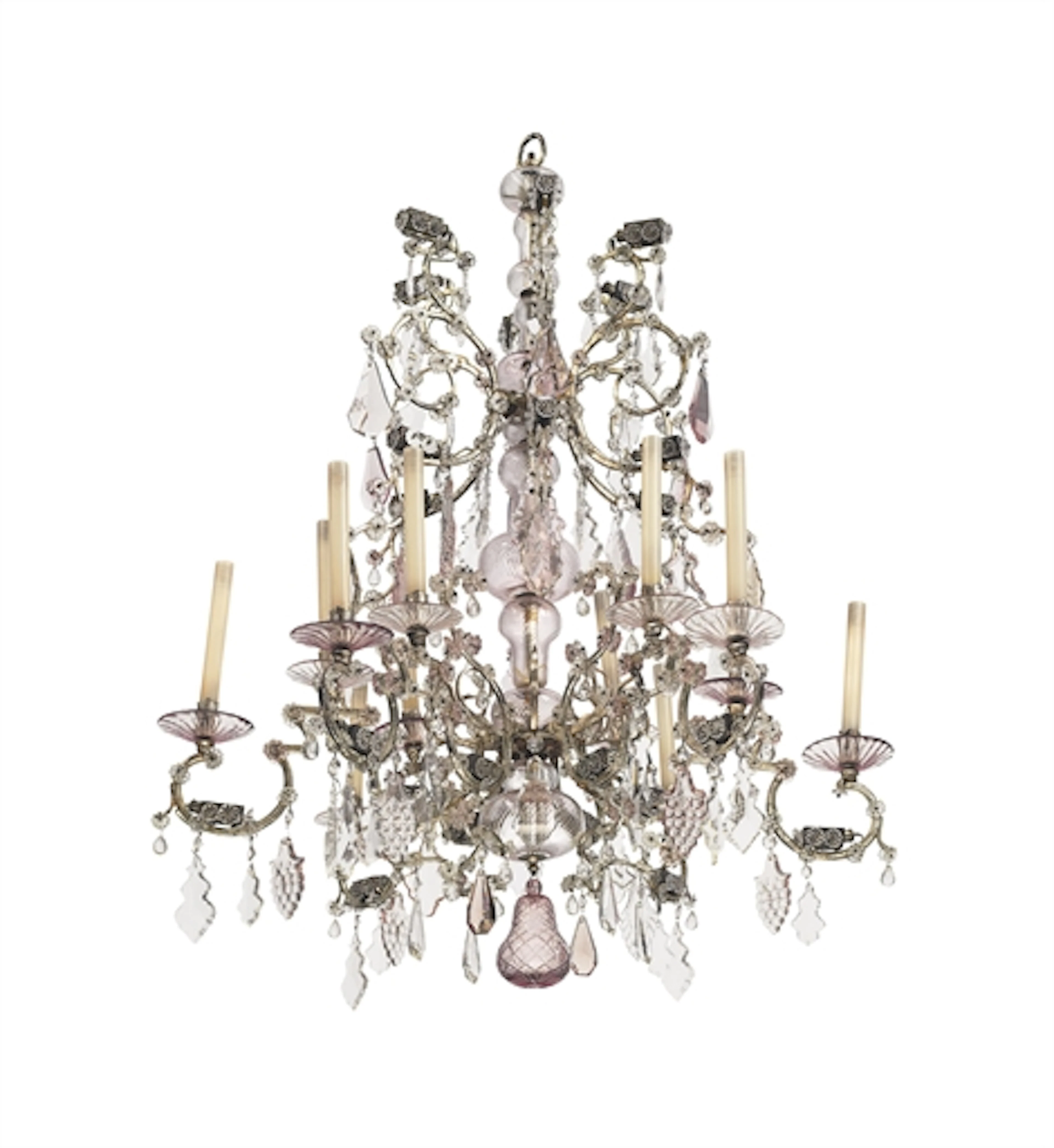 AN ITALIAN SILVERED CLEAR AND VIOLET-GLASS TWELVE-LIGHT CHANDELIER