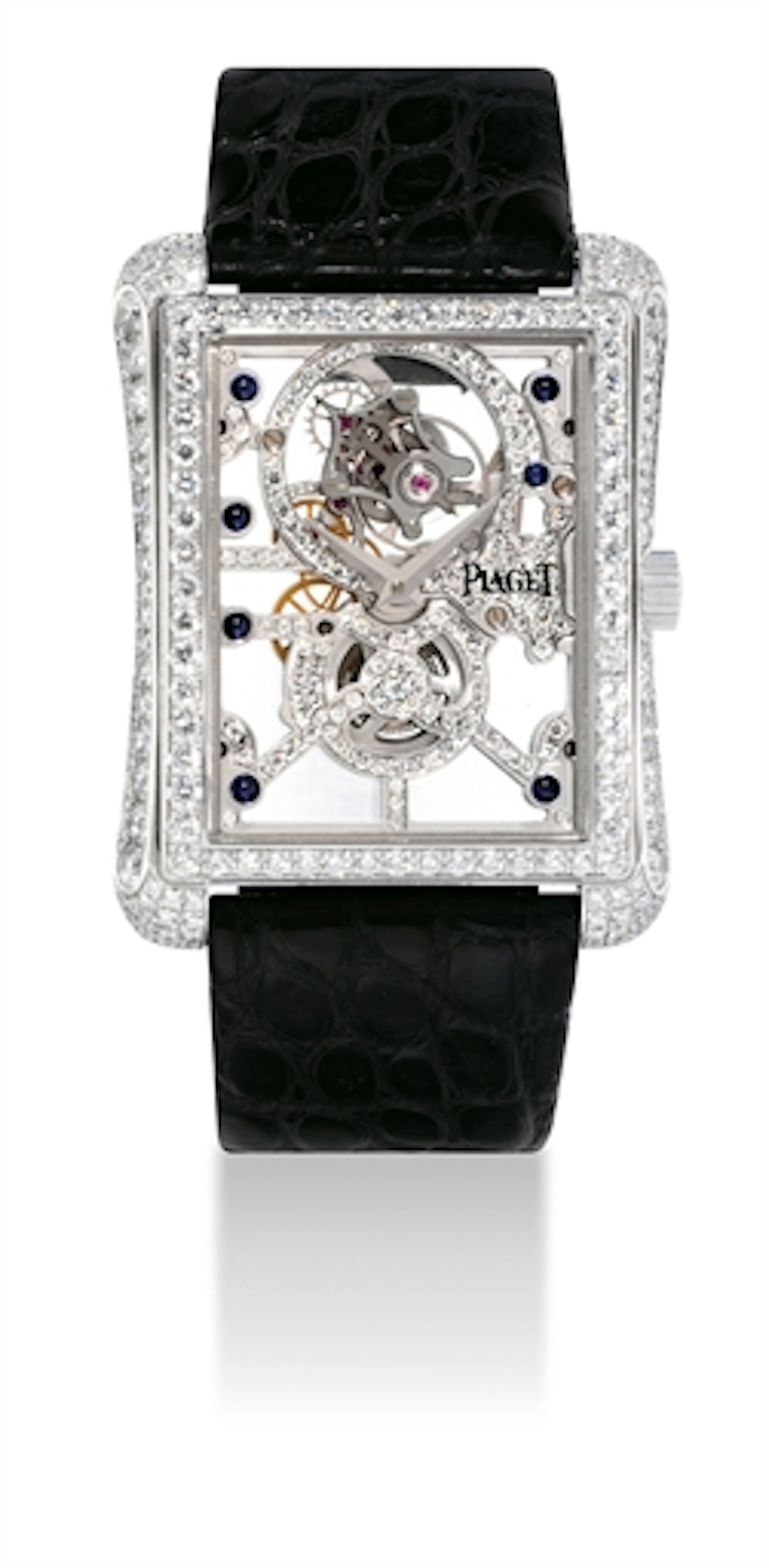 Piaget. A Very Fine and Rare 18k White Gold and Diamond-Set Rectangular Skeletonised Tourbillon Wristwatch