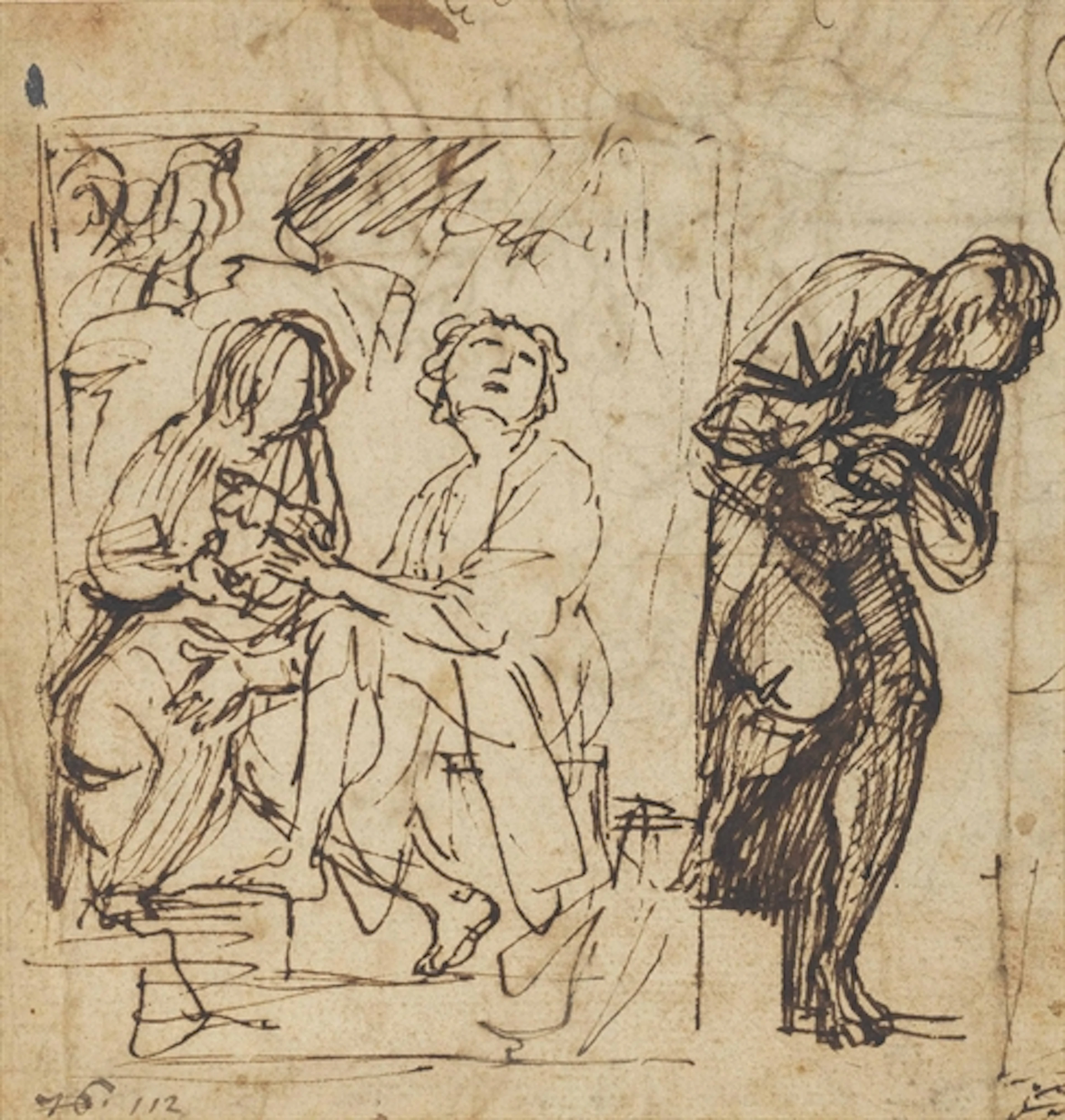 The Denial of Saint Peter, with a subsidiary study for the same (recto); Further studies for the same composition (verso)