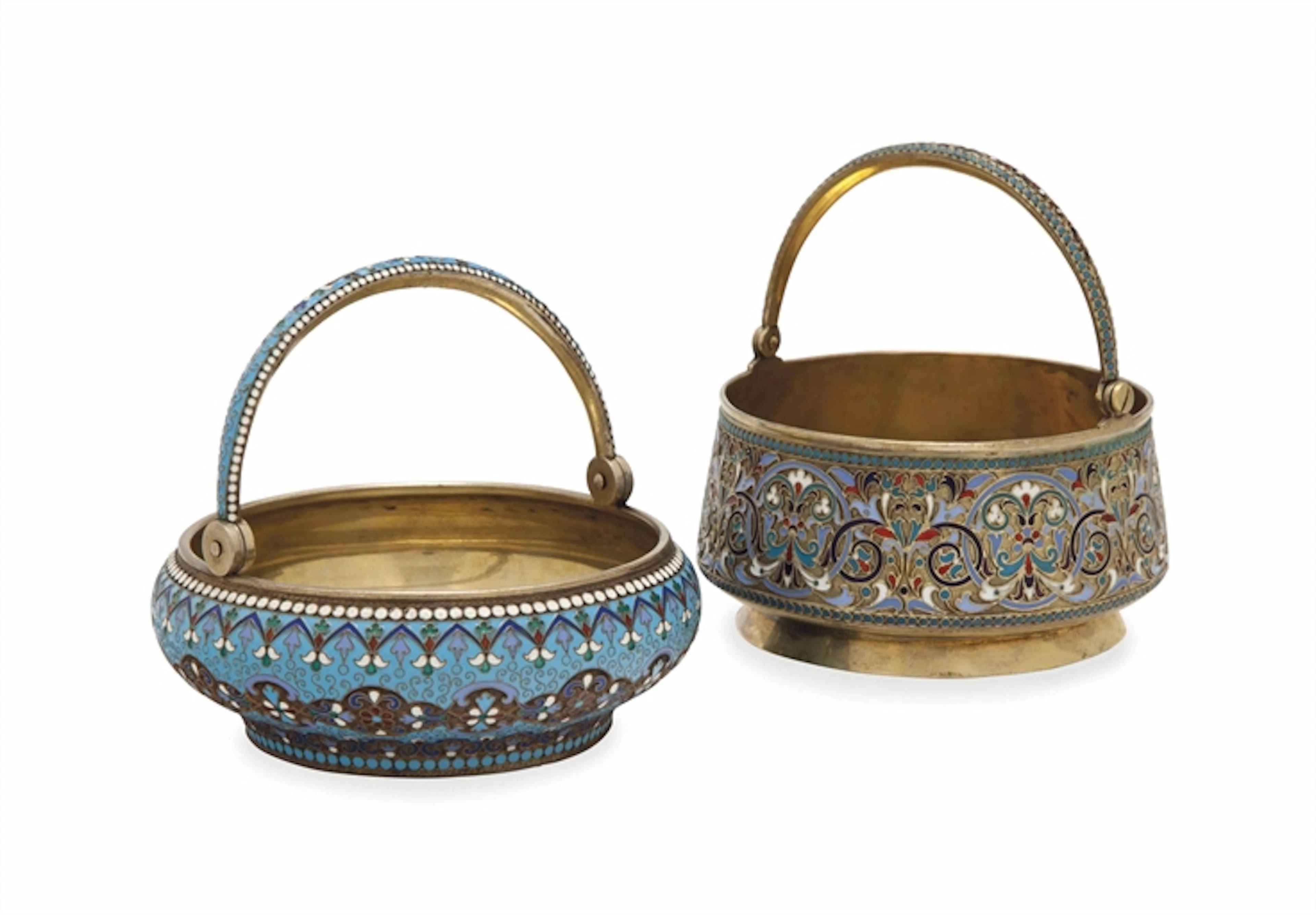 TWO RUSSIAN SILVER AND CLOISONNE ENAMEL SUGAR BASKETS WITH SWING HANDLES,