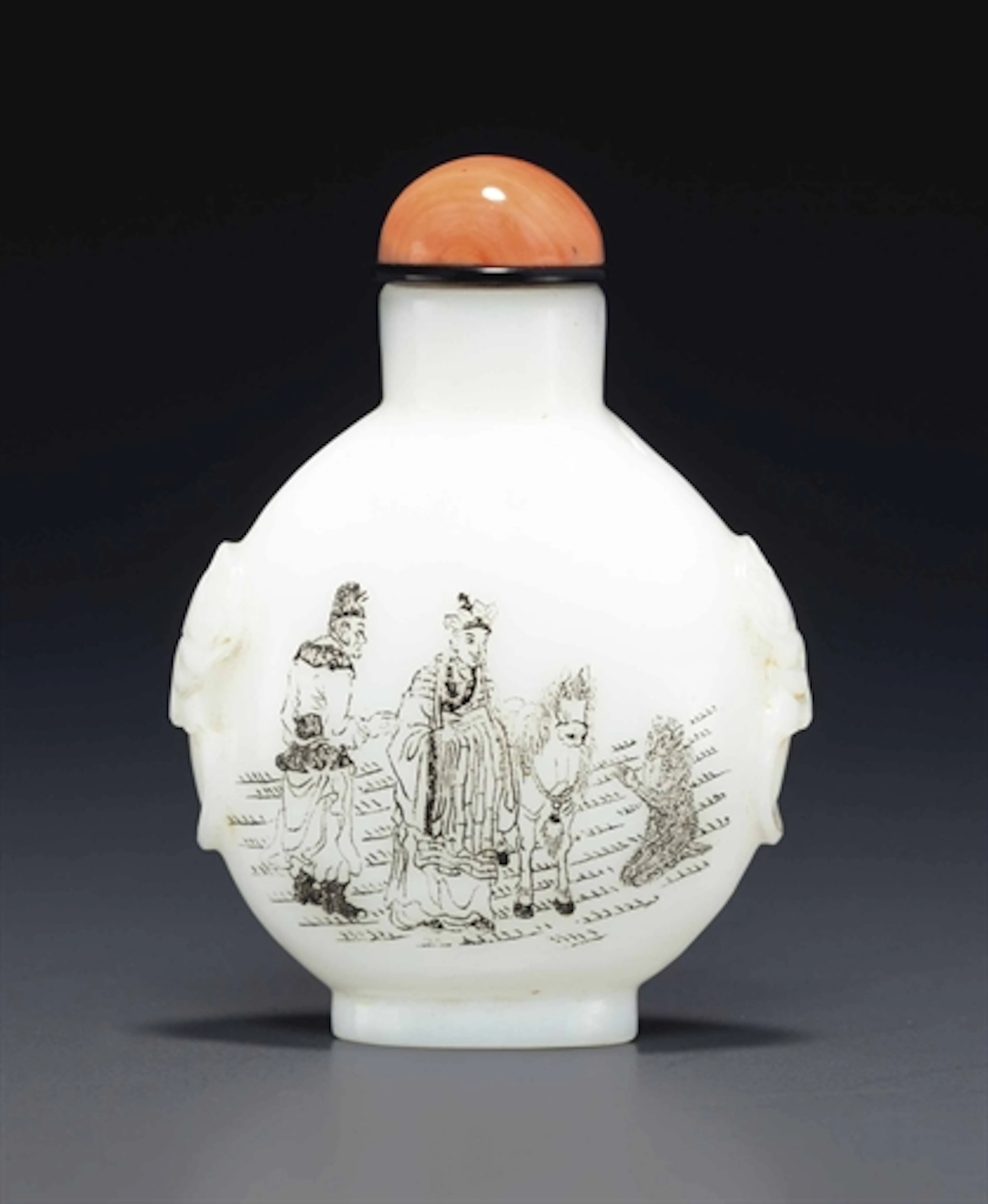 A WHITE GLASS 'JOURNEY TO THE WEST' SNUFF BOTTLE