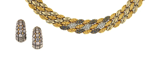 A diamond and sapphire set necklace, by Moroni and a pair of bi-metallic earclips