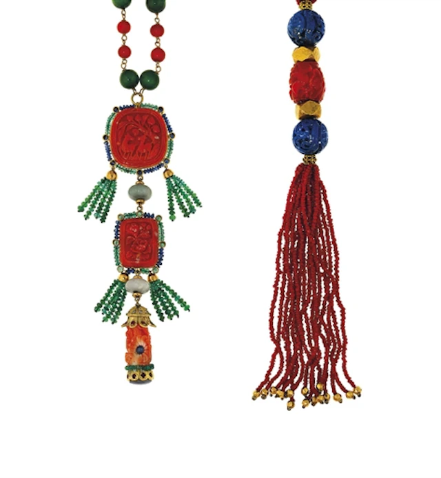 Two coral and gem sautoir necklaces
