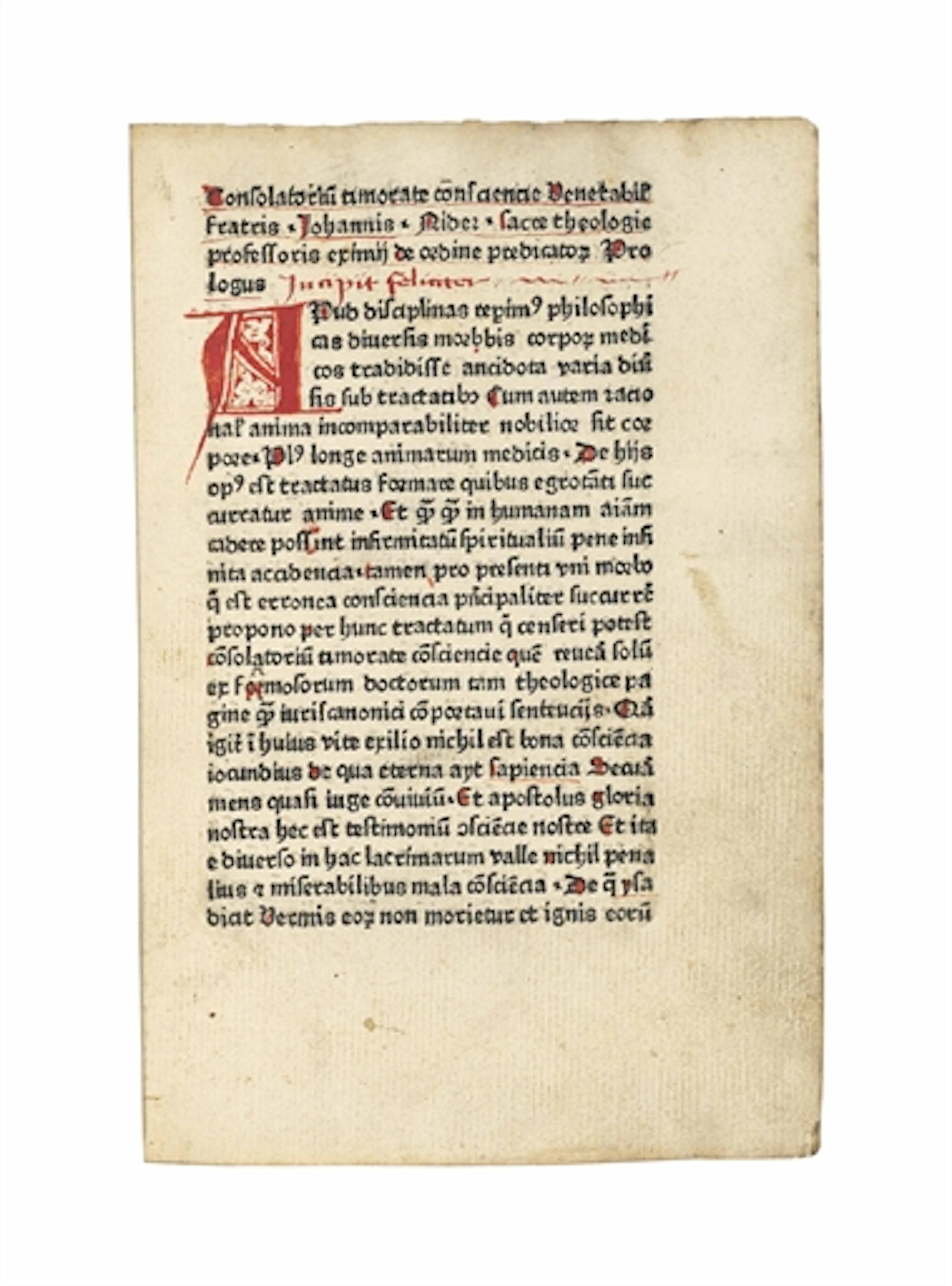NIDER, Johannes (1380-1438). Consolatorium timoratae consciencie. [Cologne: printer of Augustinus De Fide, c. 1473.] Chancery 4º (198 x 136mm). Collation: [1-188 194]. 134 leaves (of 148). 26 lines.