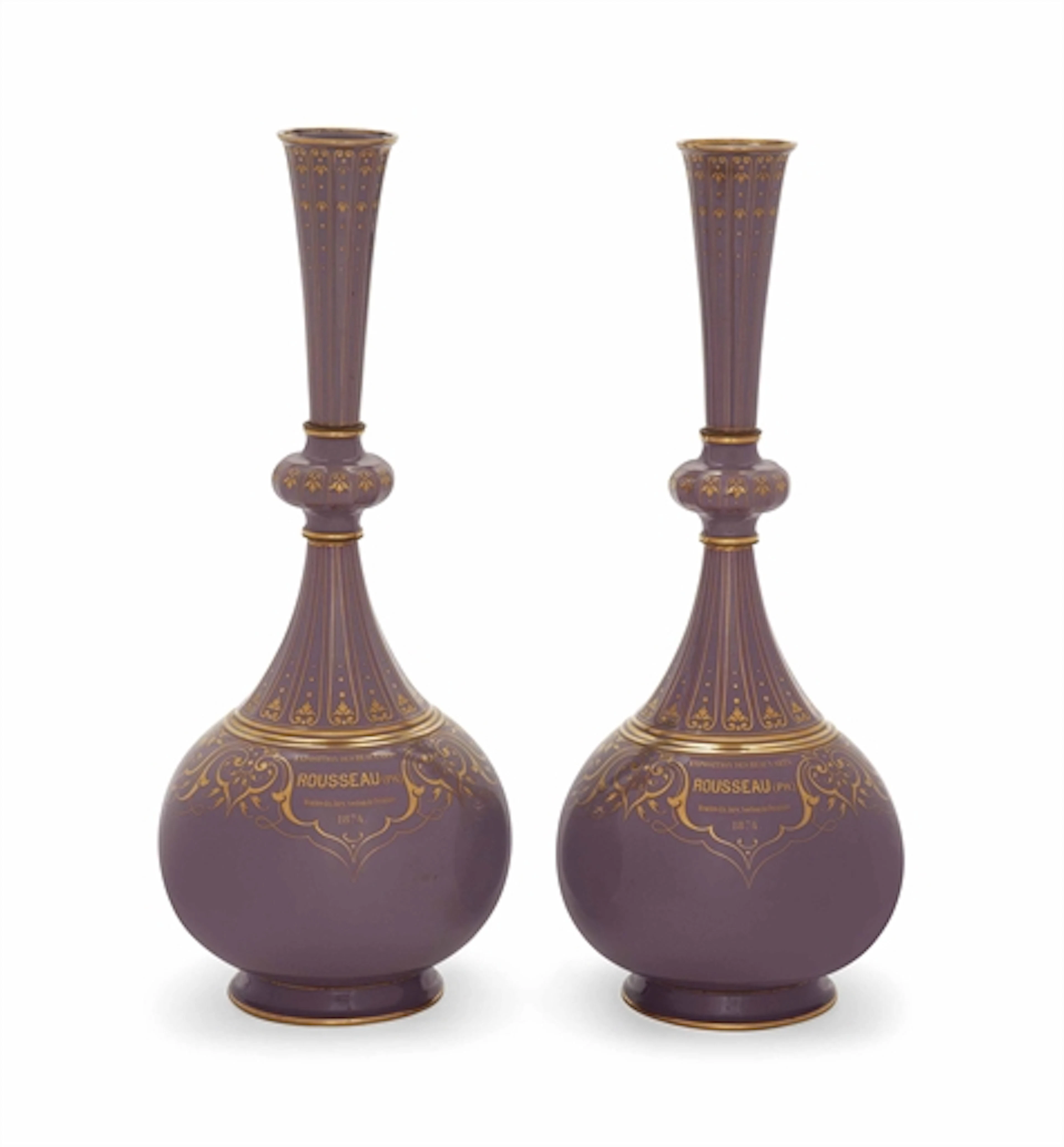 A PAIR OF SEVRES LAVENDER-GREY-GROUND (FOND CHANGEANT) DOCUMENTARY BOTTLE VASES (VASE BOUTEILLE PERSANNE)