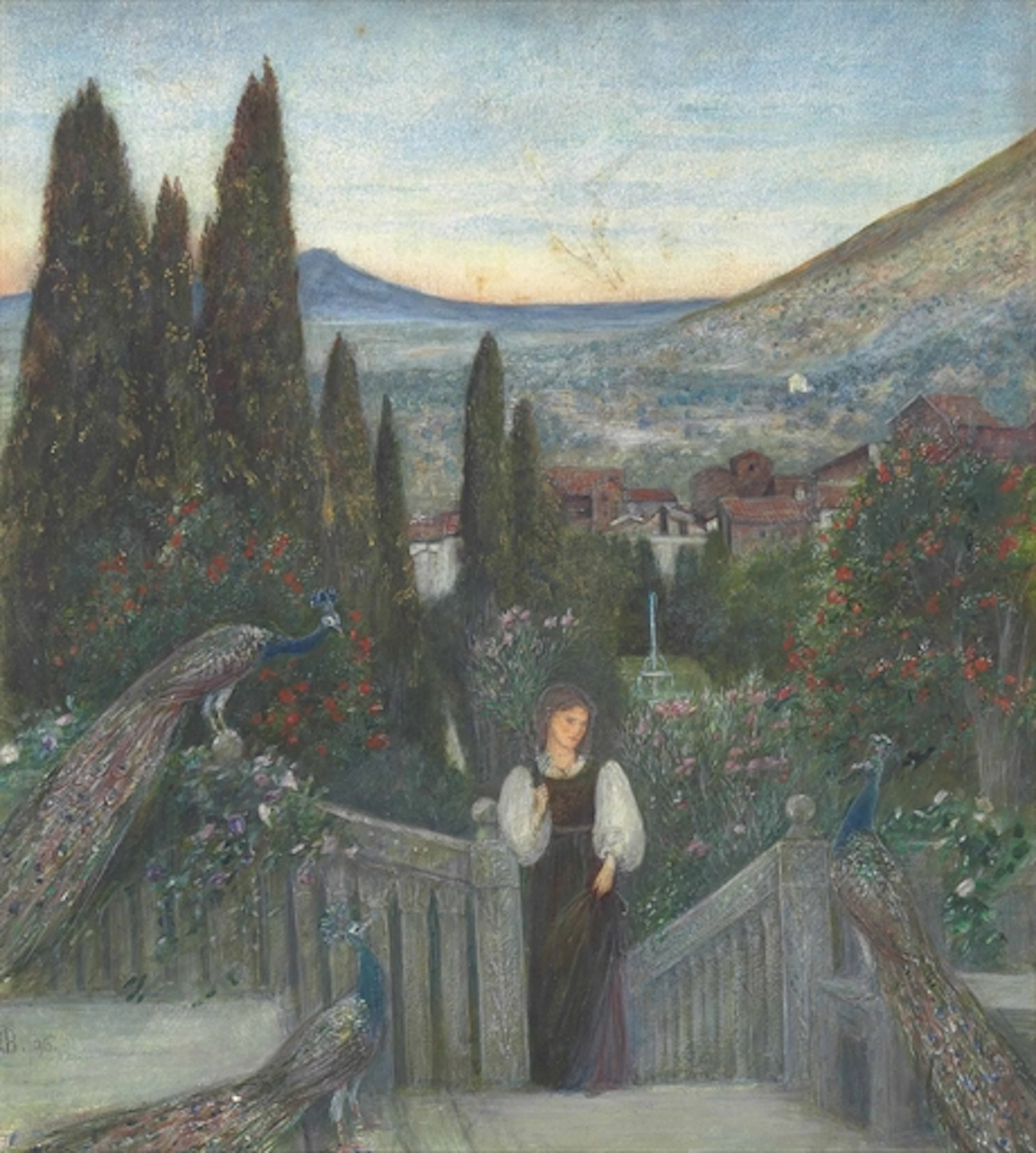 A lady with peacocks in a garden, an Italianate landscape beyond