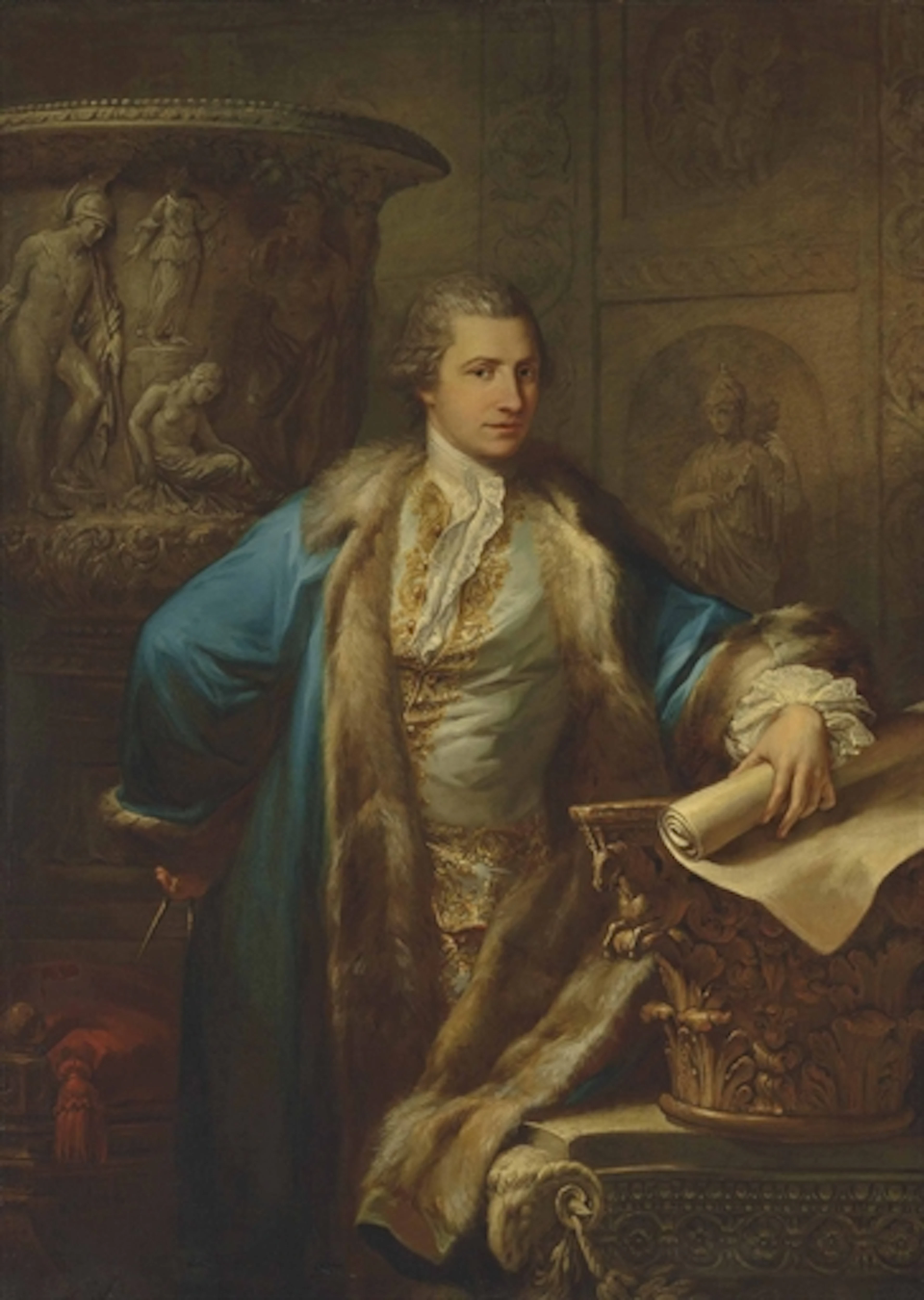 Portrait of James Adam (1732-1794), three-quarter-length, in an embroidered waistcoat and fur-lined blue coat, holding a pair of compasses, and a scroll, leaning on a capital, in an interior