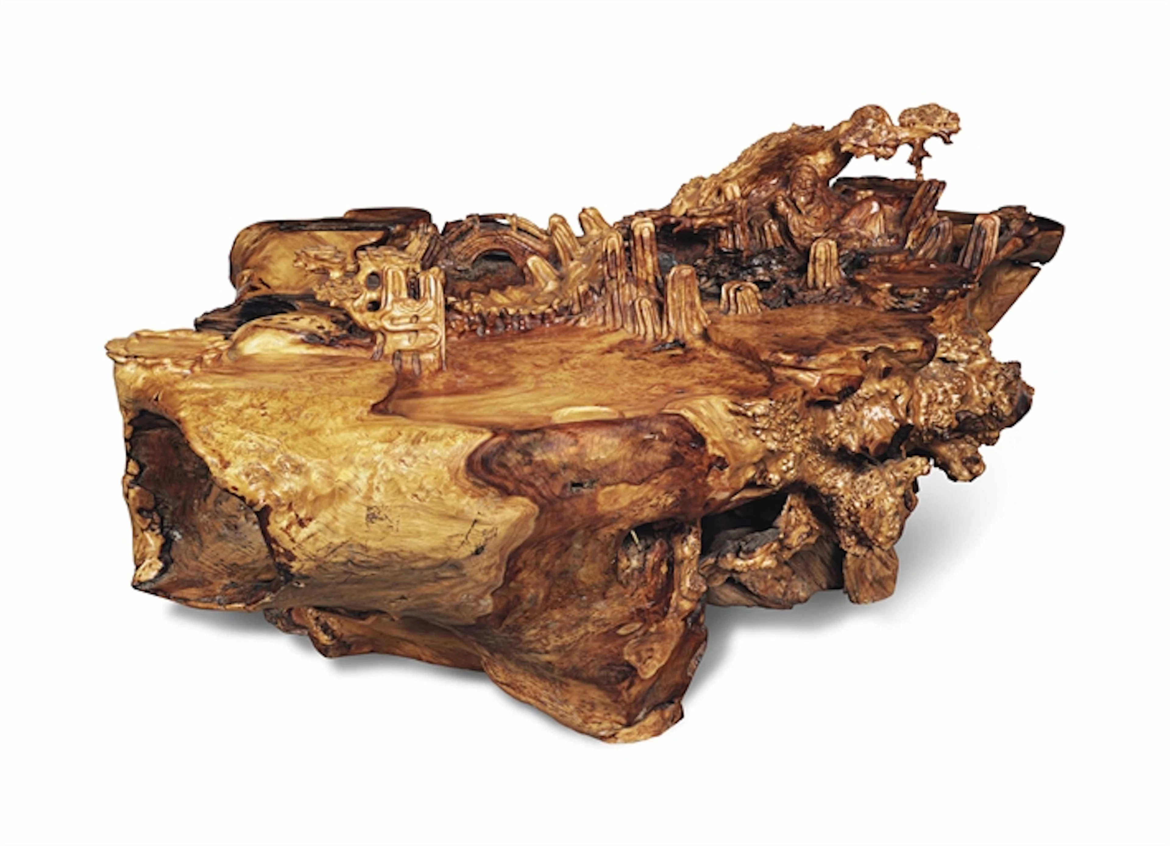 A LARGE CHINESE CARVED YEWWOOD ROOT CEREMONIAL TEA TABLE