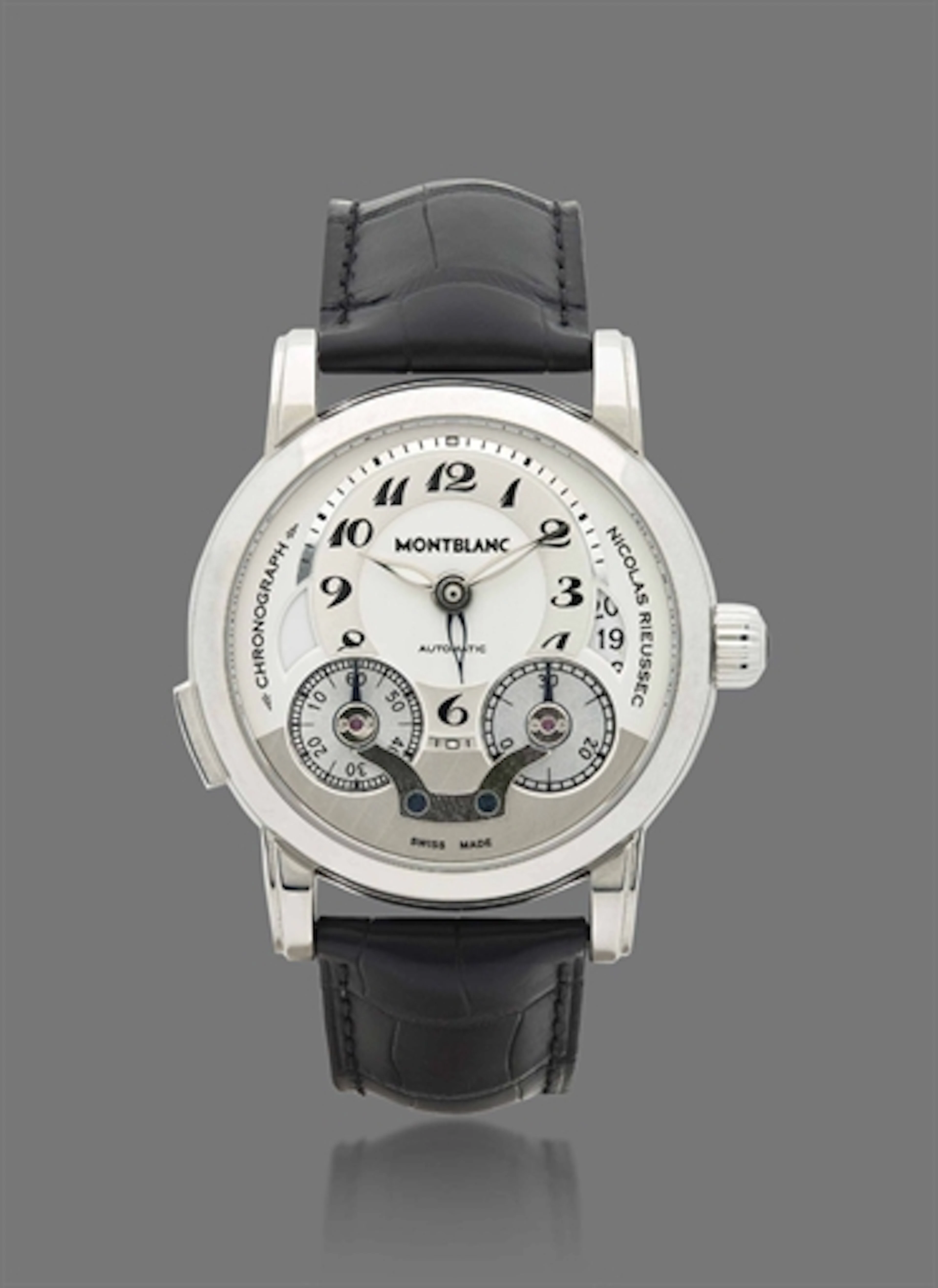 Montblanc. A Fine Stainless Steel Automatic Dual Time Single Button Chronograph Wristwatch With Date and Turning Disc Registers